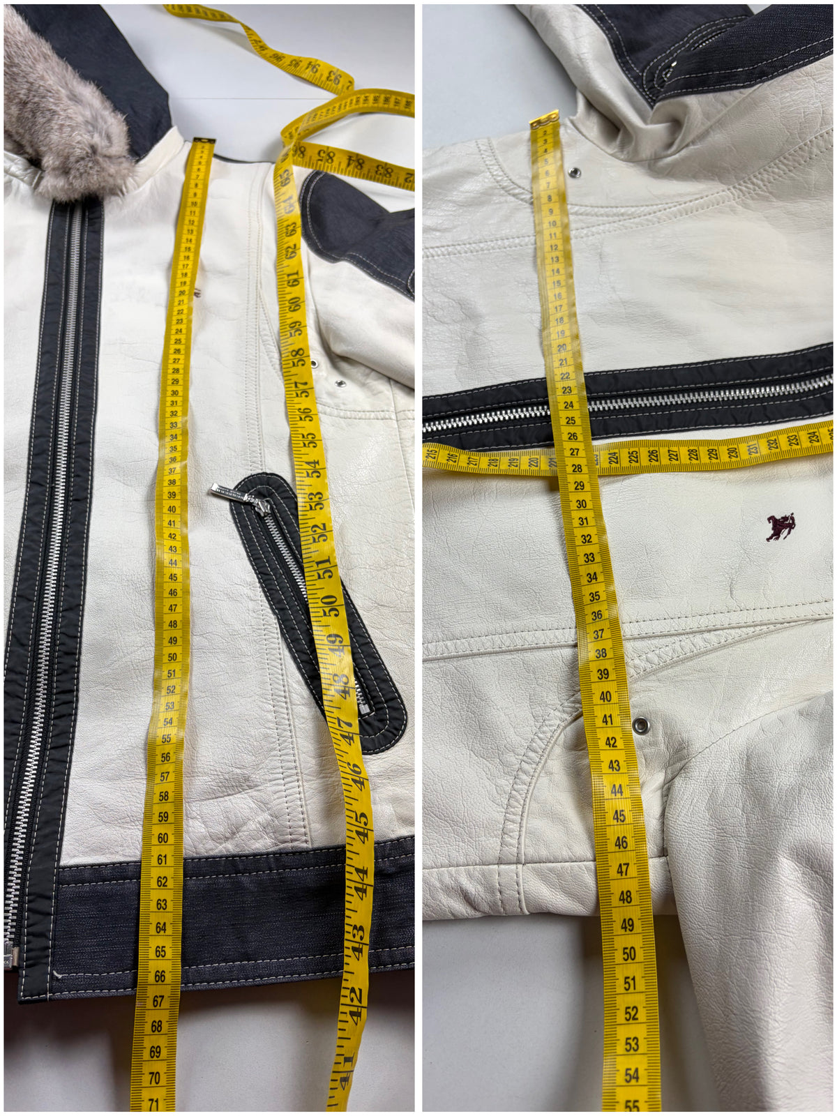 00’s BURBERRY Black Label leather & denim rabbit fur hooded jacket (S/M) - white & navy