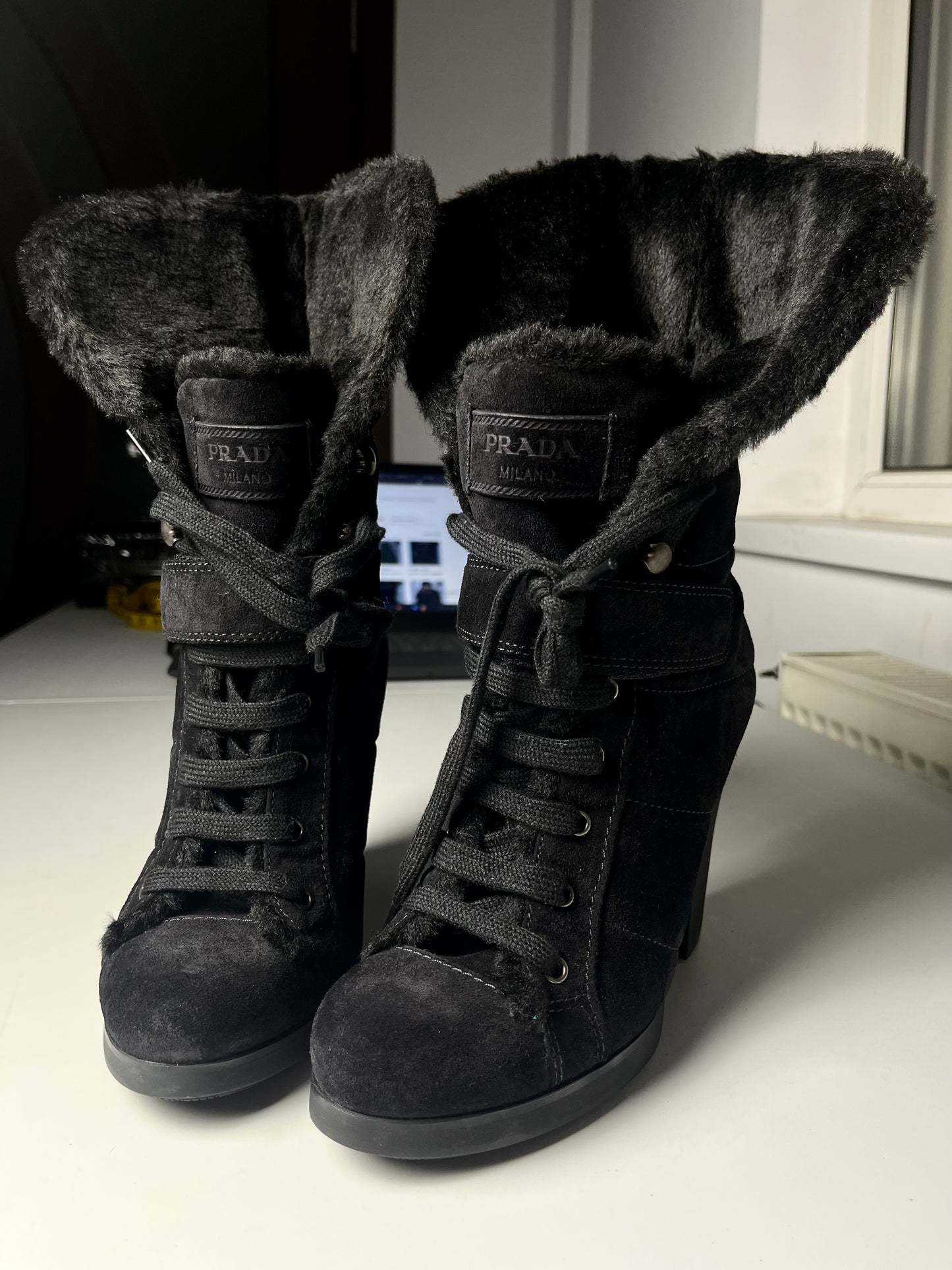 00’s PRADA suede & fur high boots - EU 38.5 - black