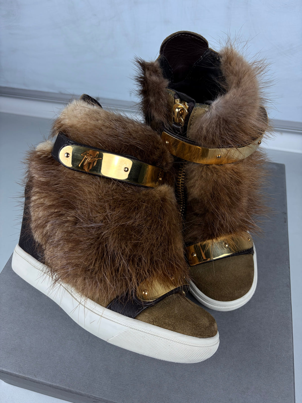 2012 Giuseppe Zanotti beaver fur wedge sneakers - eu 36 / us 6 / uk 3 - brown