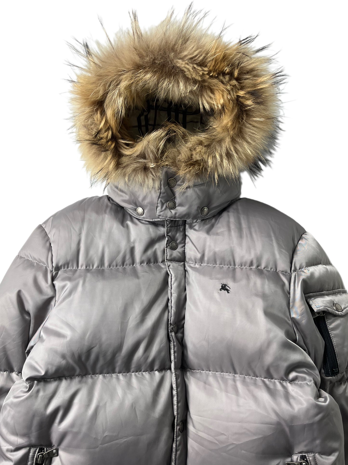 00’s BURBERRY made in Japan real fur down jacket (L/XL) - silver grey