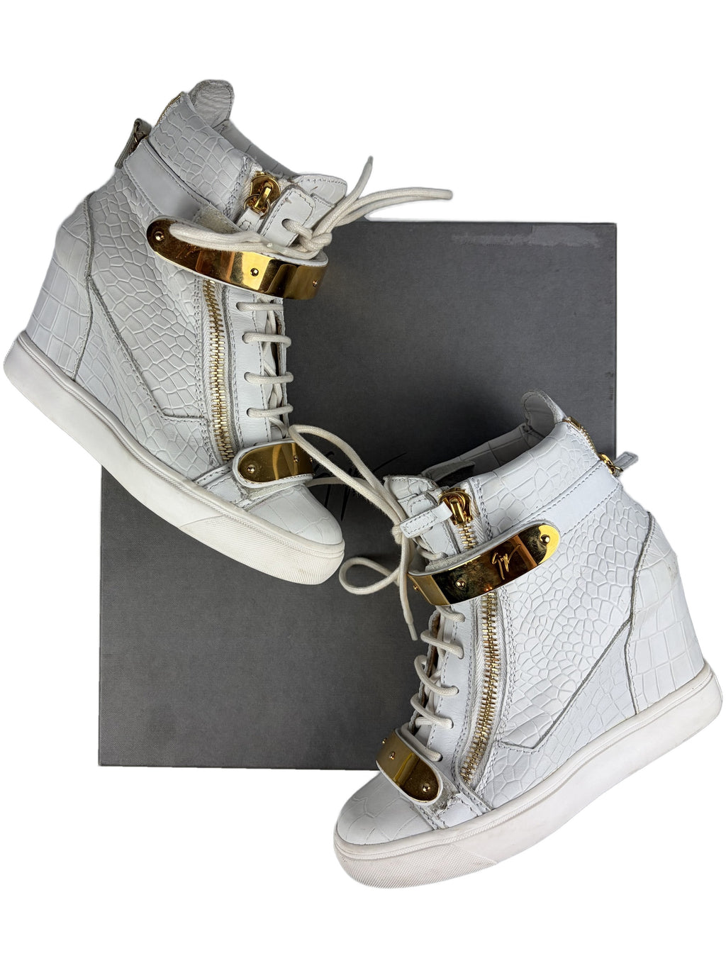 Giuseppe Zanotti white croc-embossed leather wedge sneakers - eu 37.5 / us 7.5 / uk 4.5