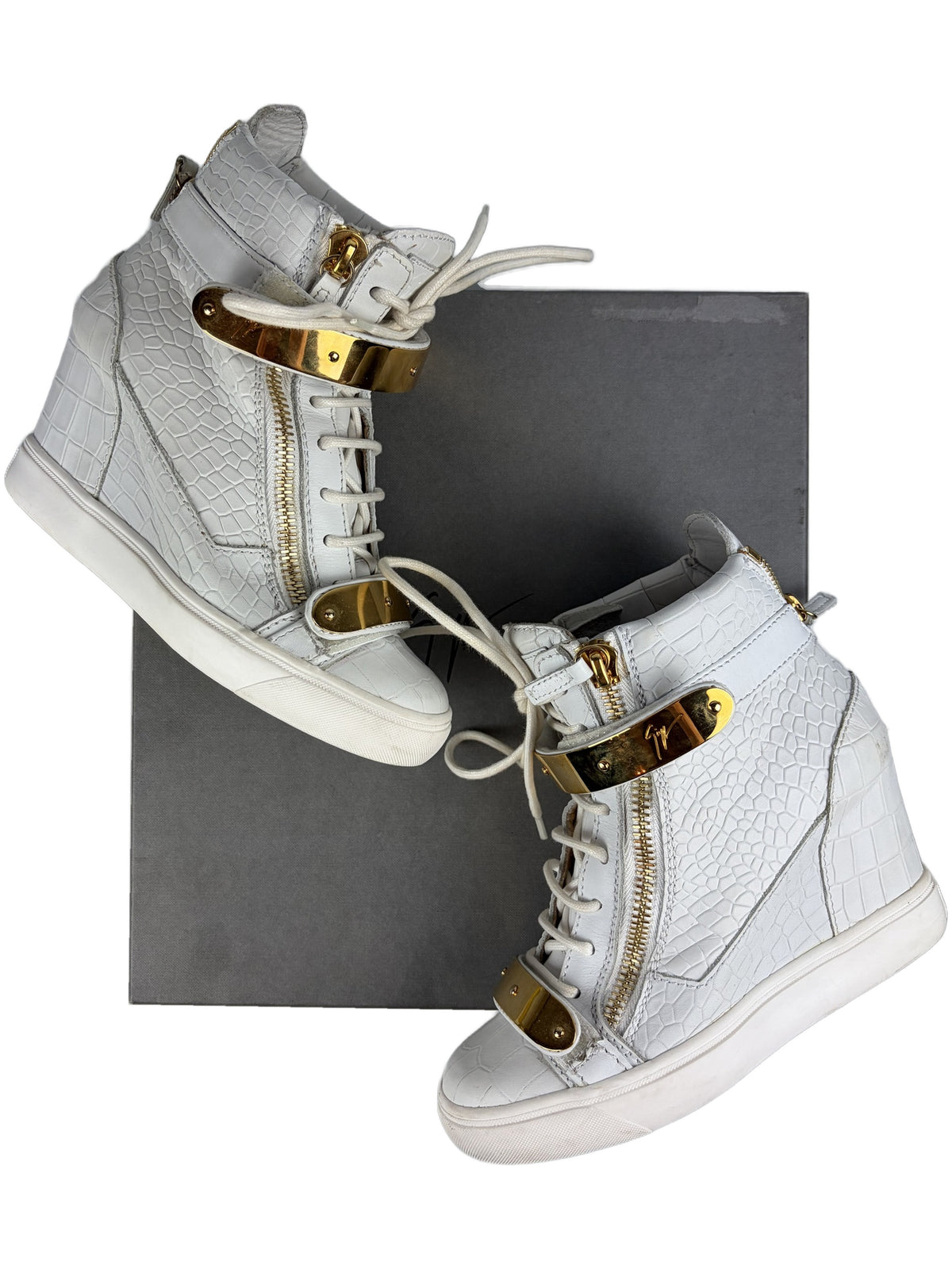 Giuseppe Zanotti white croc-embossed leather wedge sneakers - eu 37.5 / us 7.5 / uk 4.5