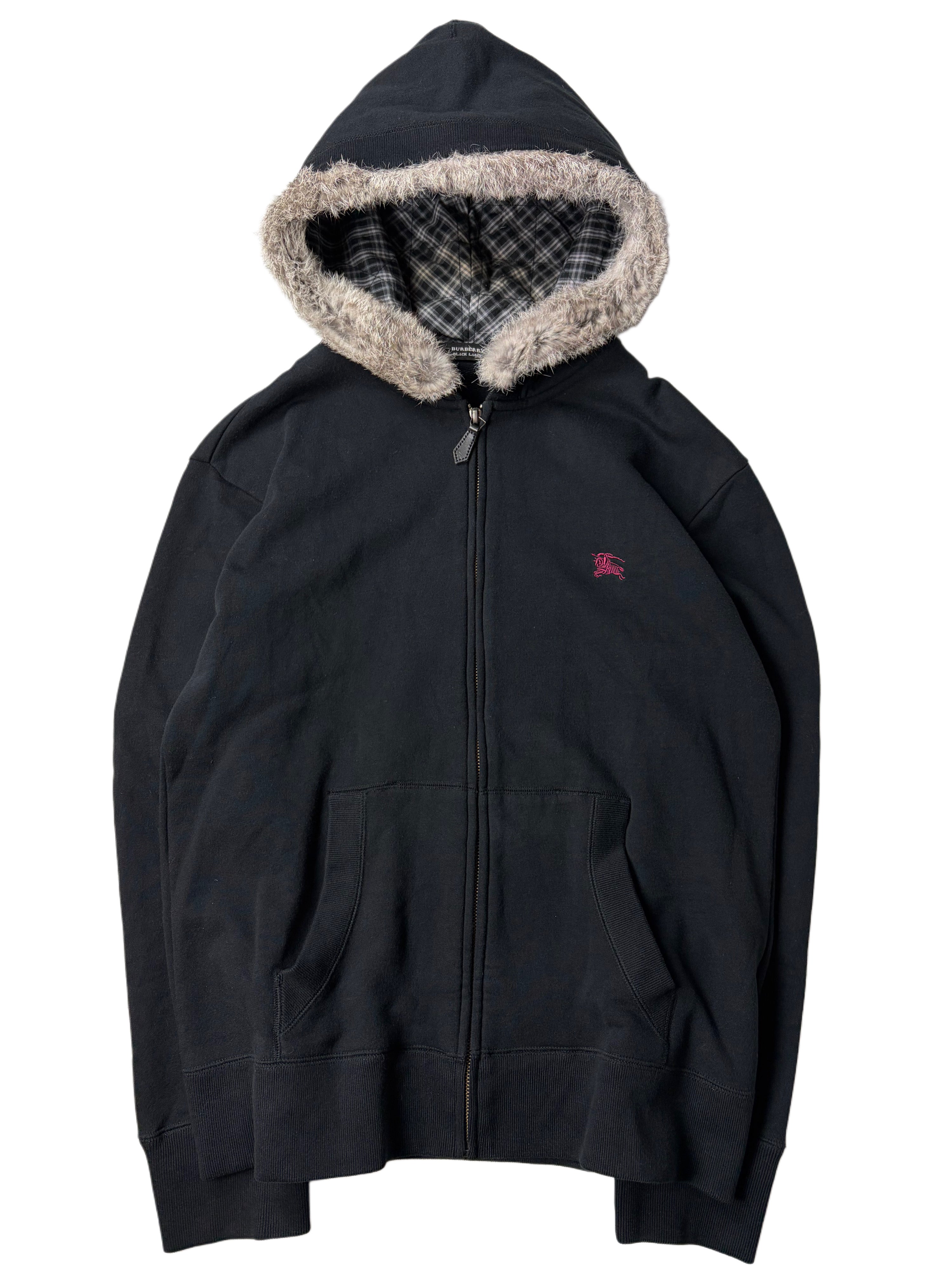 00's Burberry Black Label rabbit fur zip up hoodie - L/XL - black