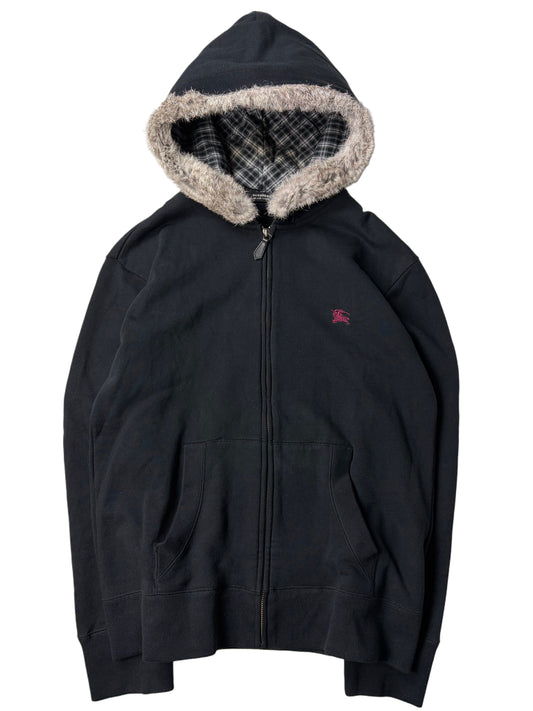 00’s Burberry Black Label rabbit fur zip up hoodie - L/XL - black