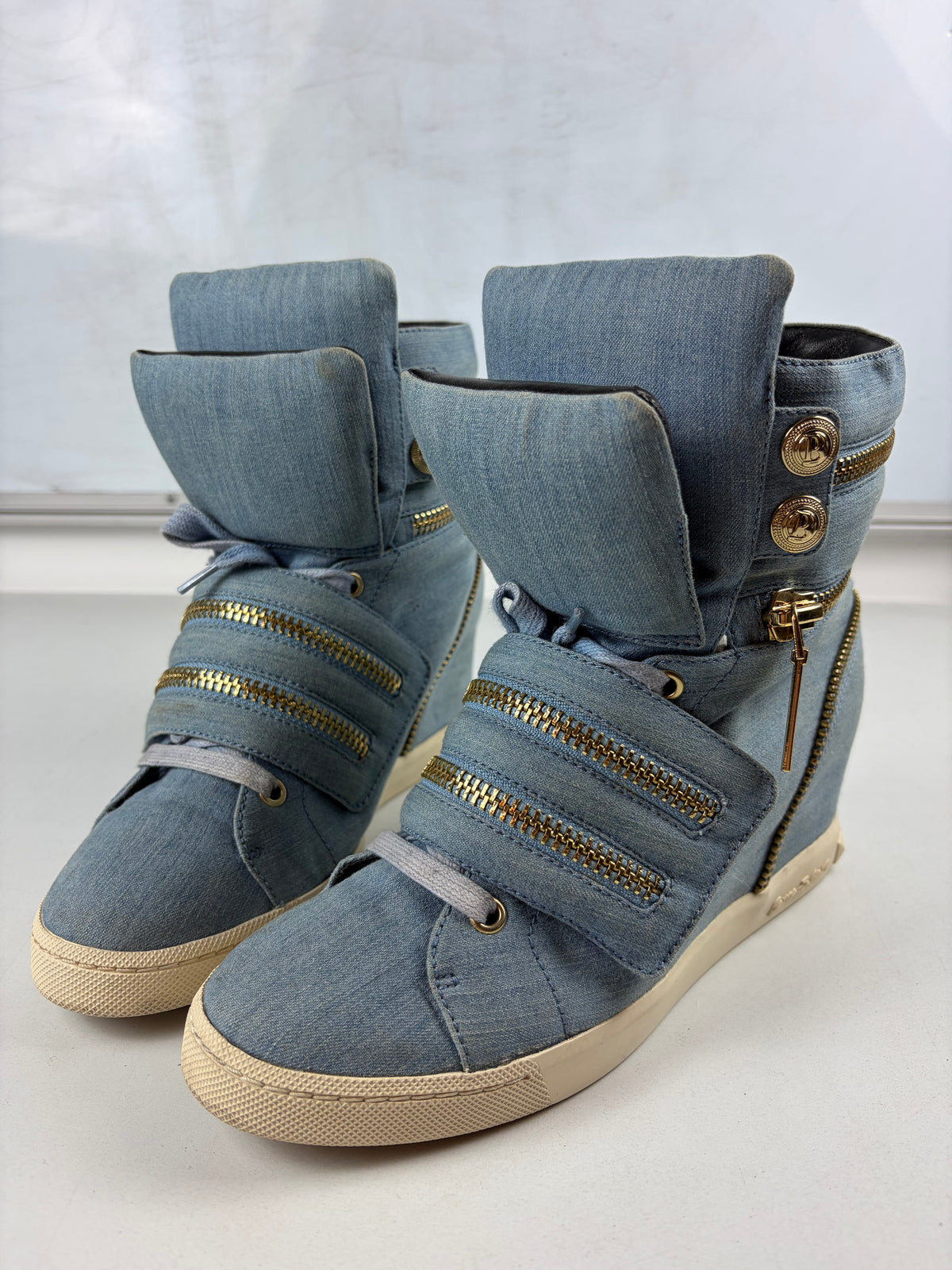 Pierre Balmain denim zipper wedge sneakers - eu 39 / us 8 / uk 6