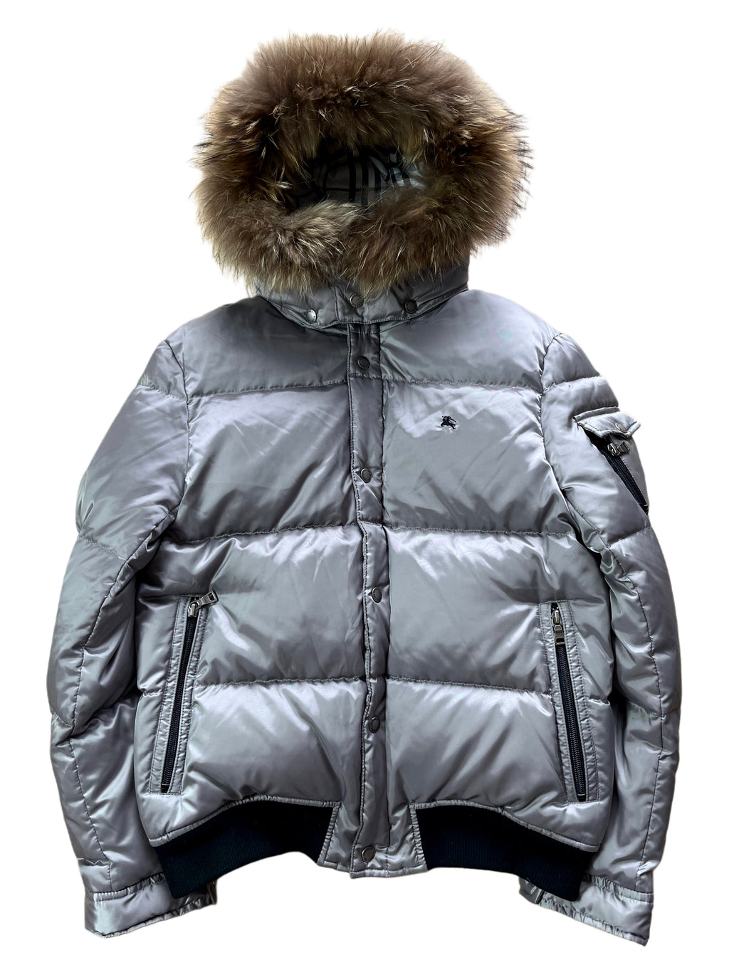 00’s BURBERRY made in Japan real fur down jacket (S/M) - silver grey