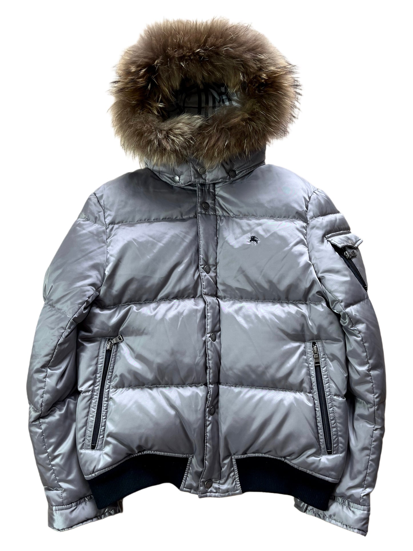 00’s BURBERRY made in Japan real fur down jacket (S/M) - silver grey