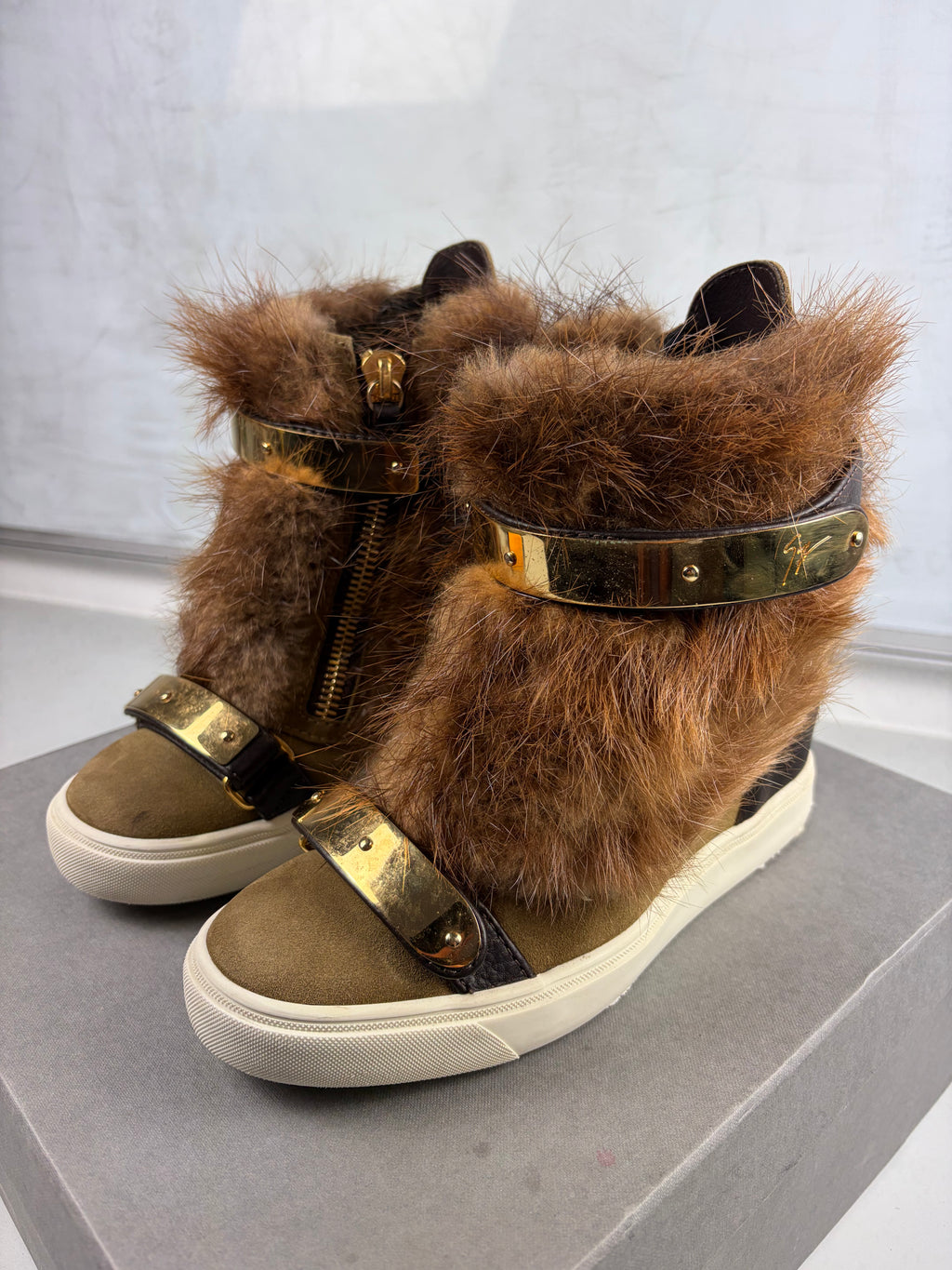 2012 Giuseppe Zanotti fur wedge sneakers - eu 39 / uk 6 / us 8 - brown