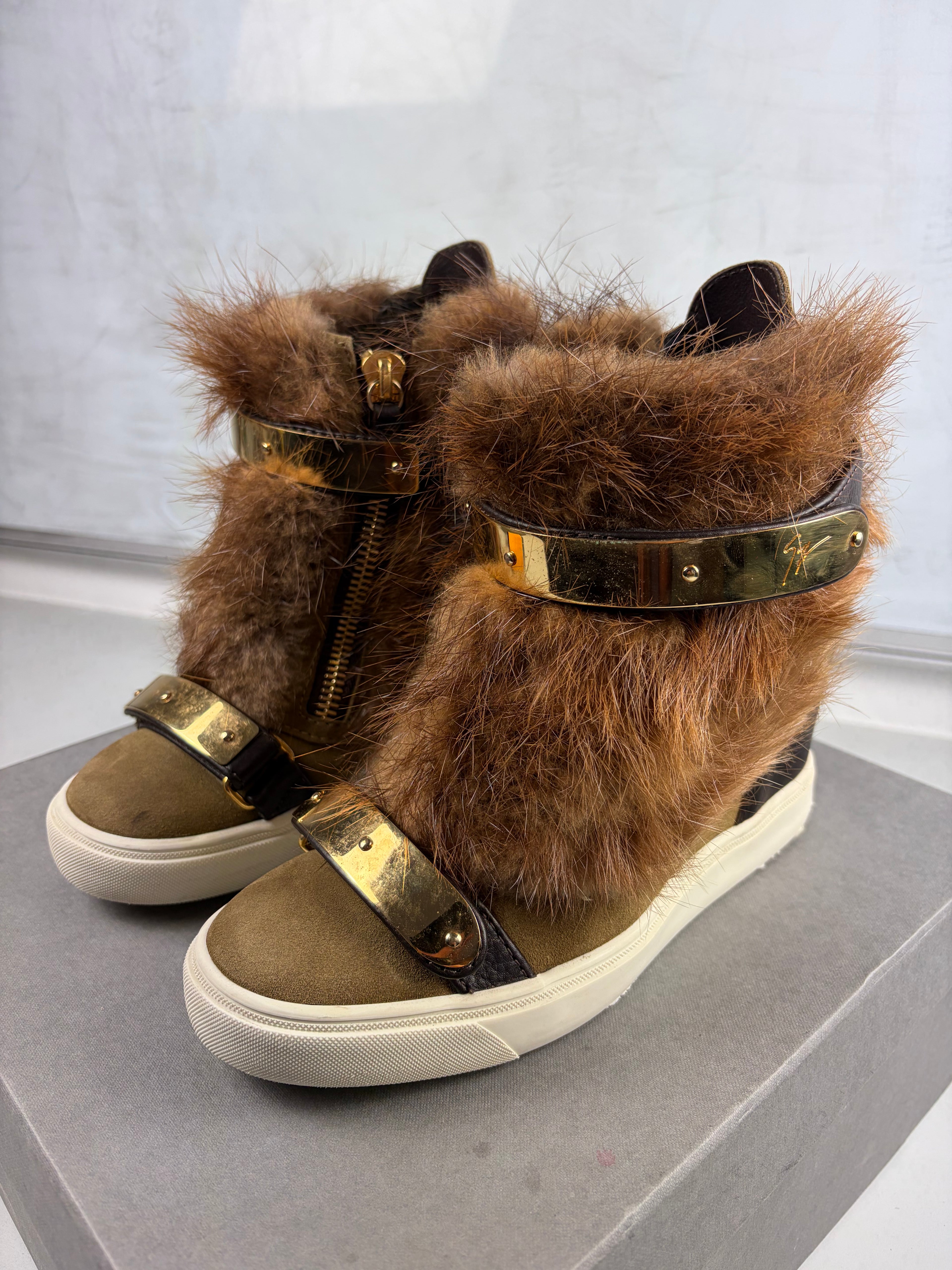 2012 Giuseppe Zanotti fur wedge sneakers - eu 39 / uk 6 / us 8 - brown