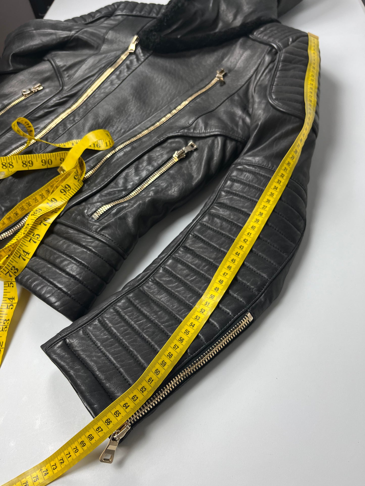 2017 BALMAIN lamb leather fur hooded biker jacket - size M - black