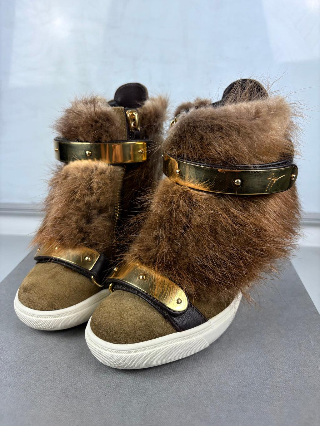 2012 Giuseppe Zanotti beaver fur wedge sneakers - eu 36 / us 6 / uk 3 - brown