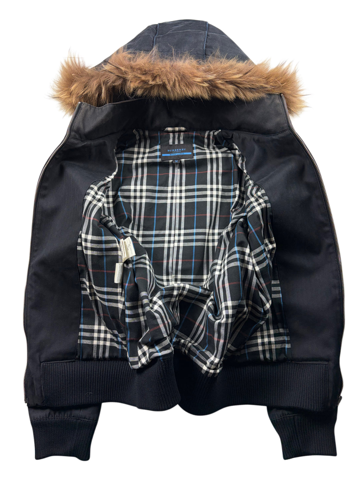 00’s BURBERRY Blue Label real fur hooded cotton bomber jacket (S/M) - black