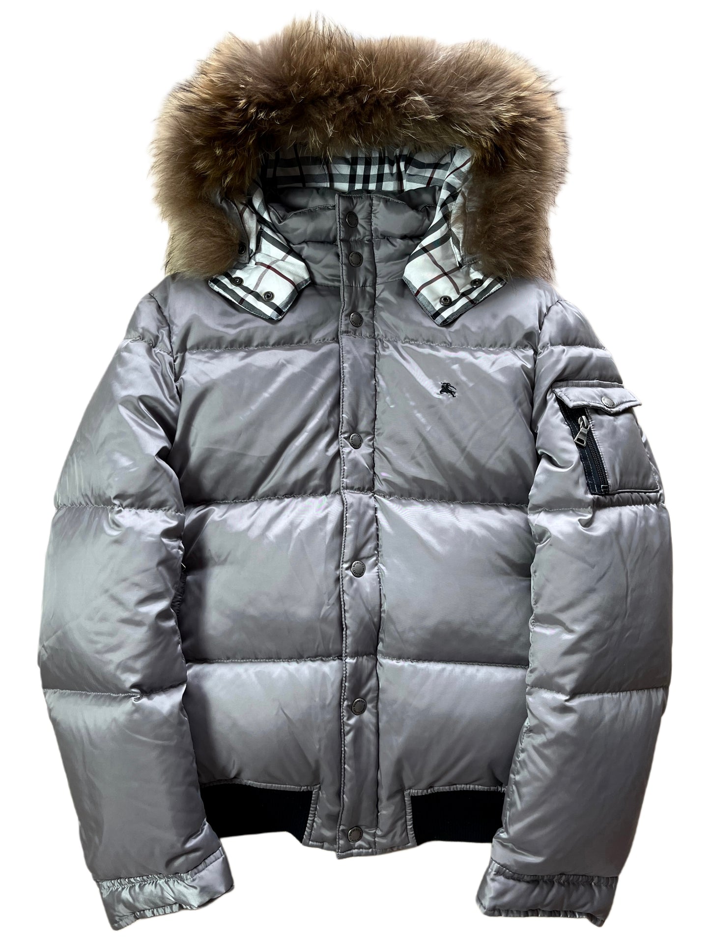 00’s BURBERRY made in Japan real fur down jacket (S/M) - silver grey