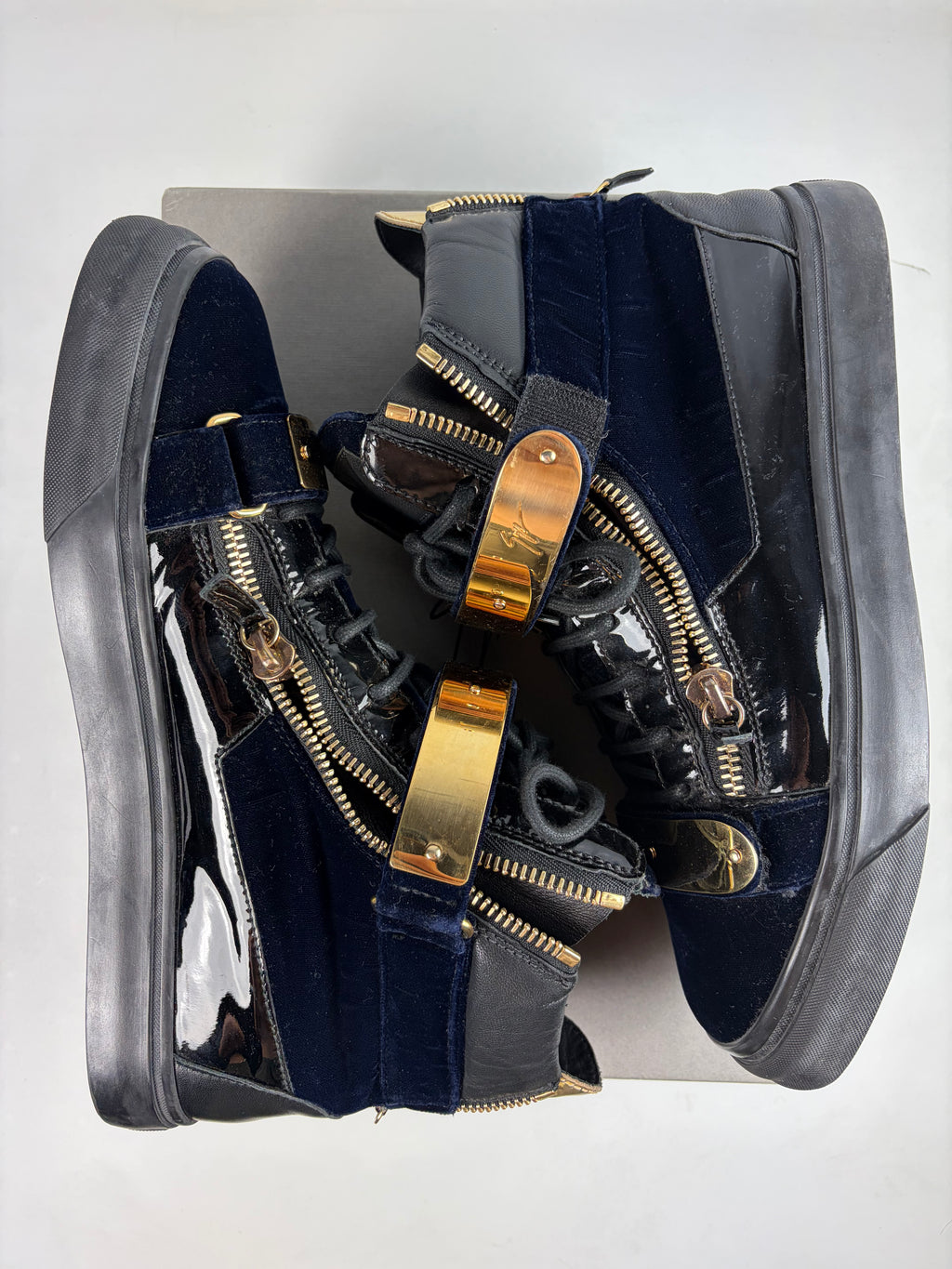 Giuseppe Zanotti velvet & patent leather high tops - eu 44 / us 11 - navy blue