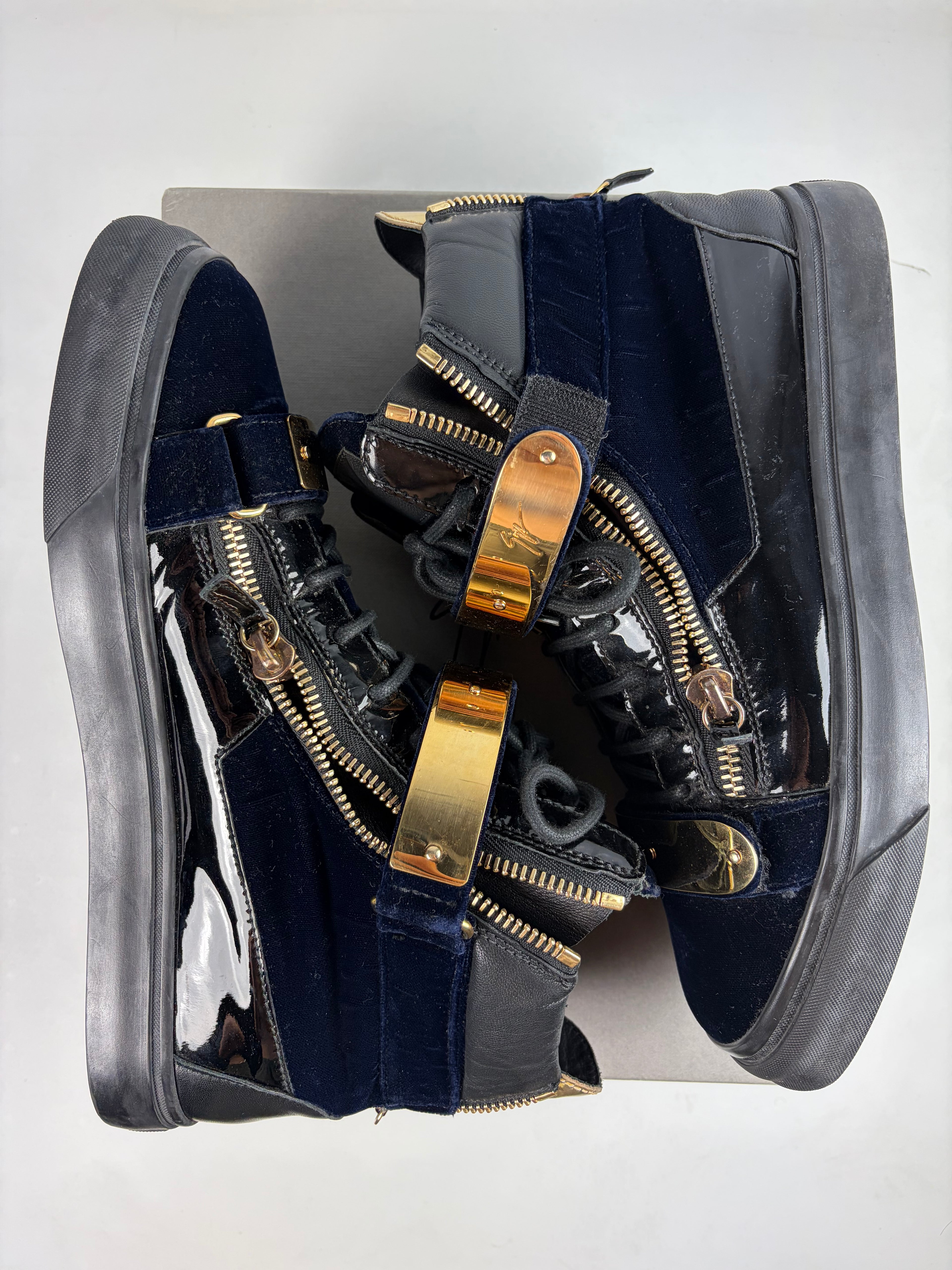 Giuseppe Zanotti velvet & patent leather high tops - eu 44 / us 11 - navy blue