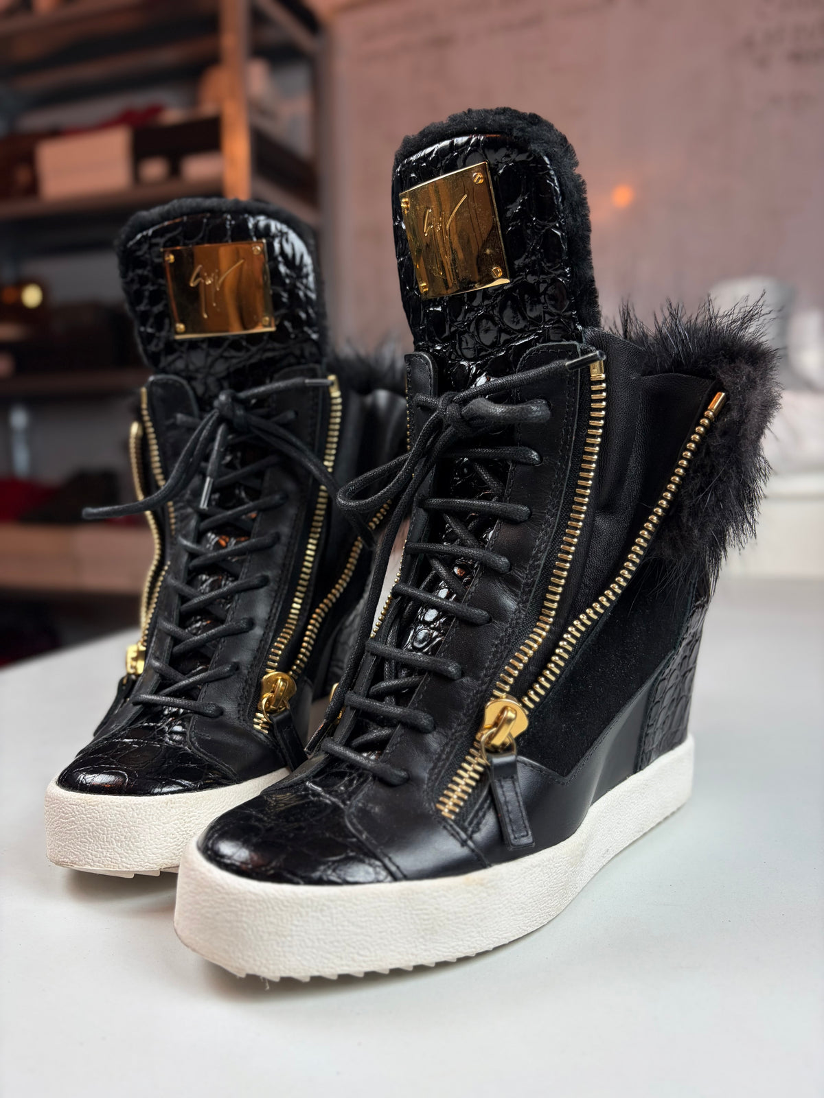 Giuseppe Zanotti fur & croc-embossed leather wedge sneakers - eu 39 / us 9 / uk 6 - black