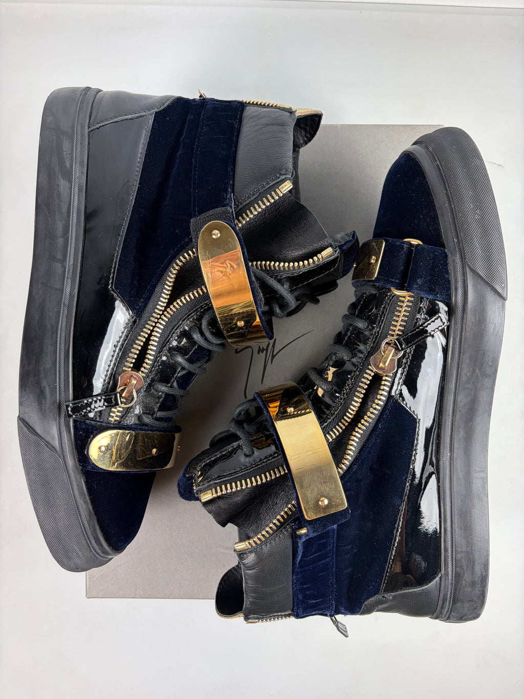 Giuseppe Zanotti velvet & patent leather high tops - eu 44 / us 11 - navy blue