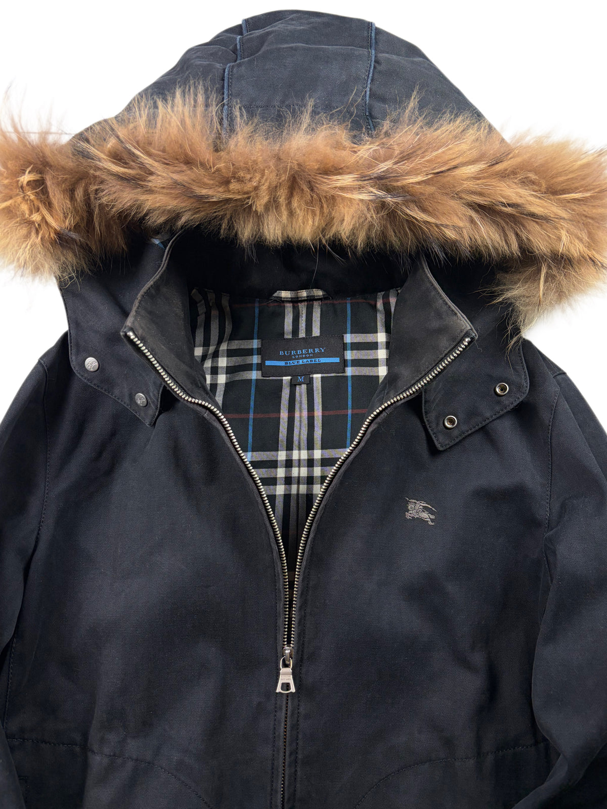 00’s BURBERRY Blue Label real fur hooded cotton bomber jacket (S/M) - black