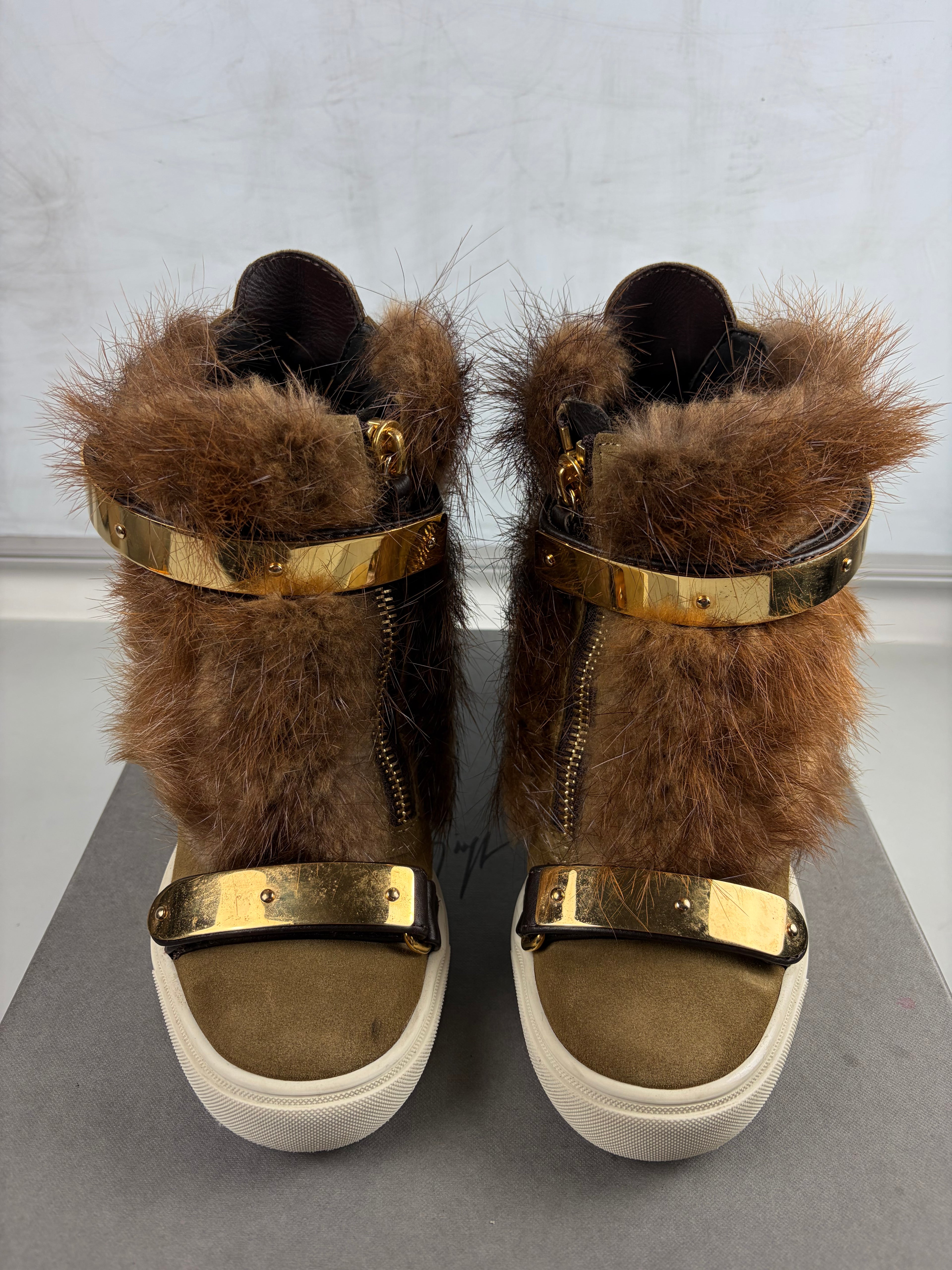 2012 Giuseppe Zanotti fur wedge sneakers - eu 39 / uk 6 / us 8 - brown