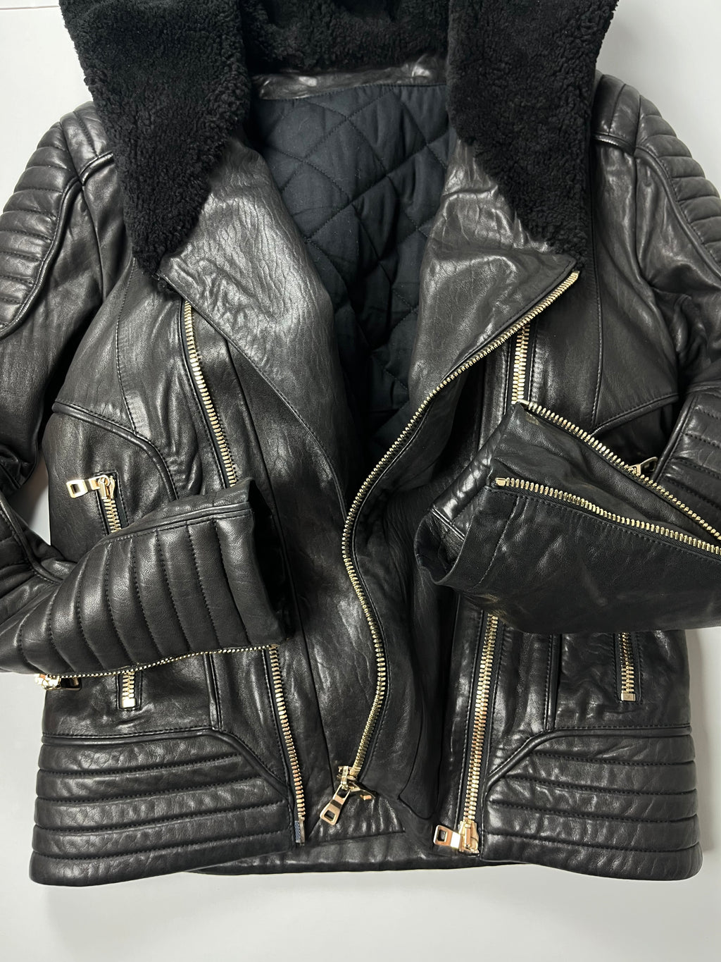 2017 BALMAIN lamb leather fur hooded biker jacket - size M - black