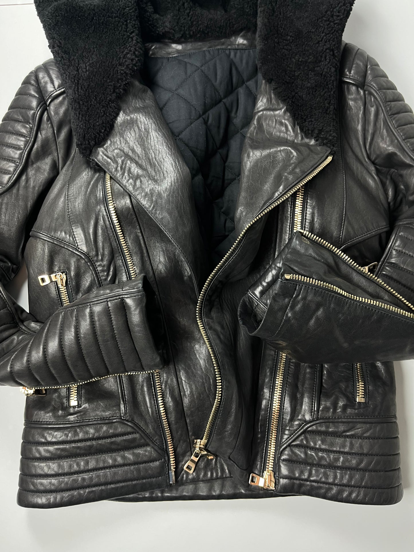 2017 BALMAIN lamb leather fur hooded biker jacket - size M - black