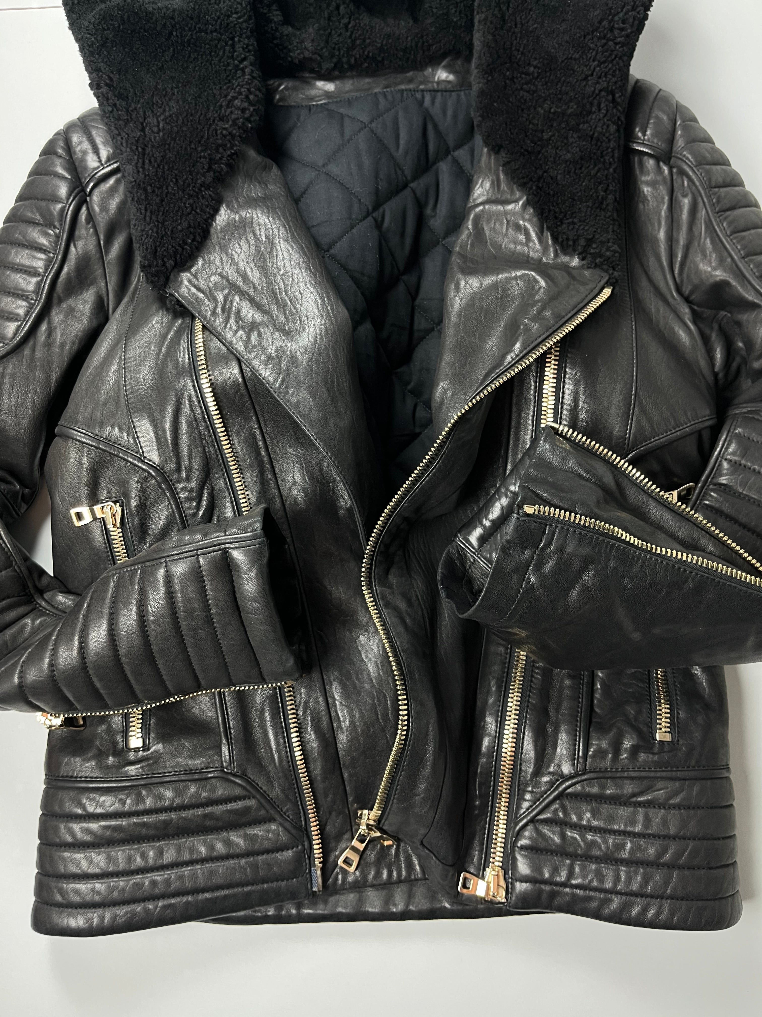 2017 BALMAIN lamb leather fur hooded biker jacket - size M - black