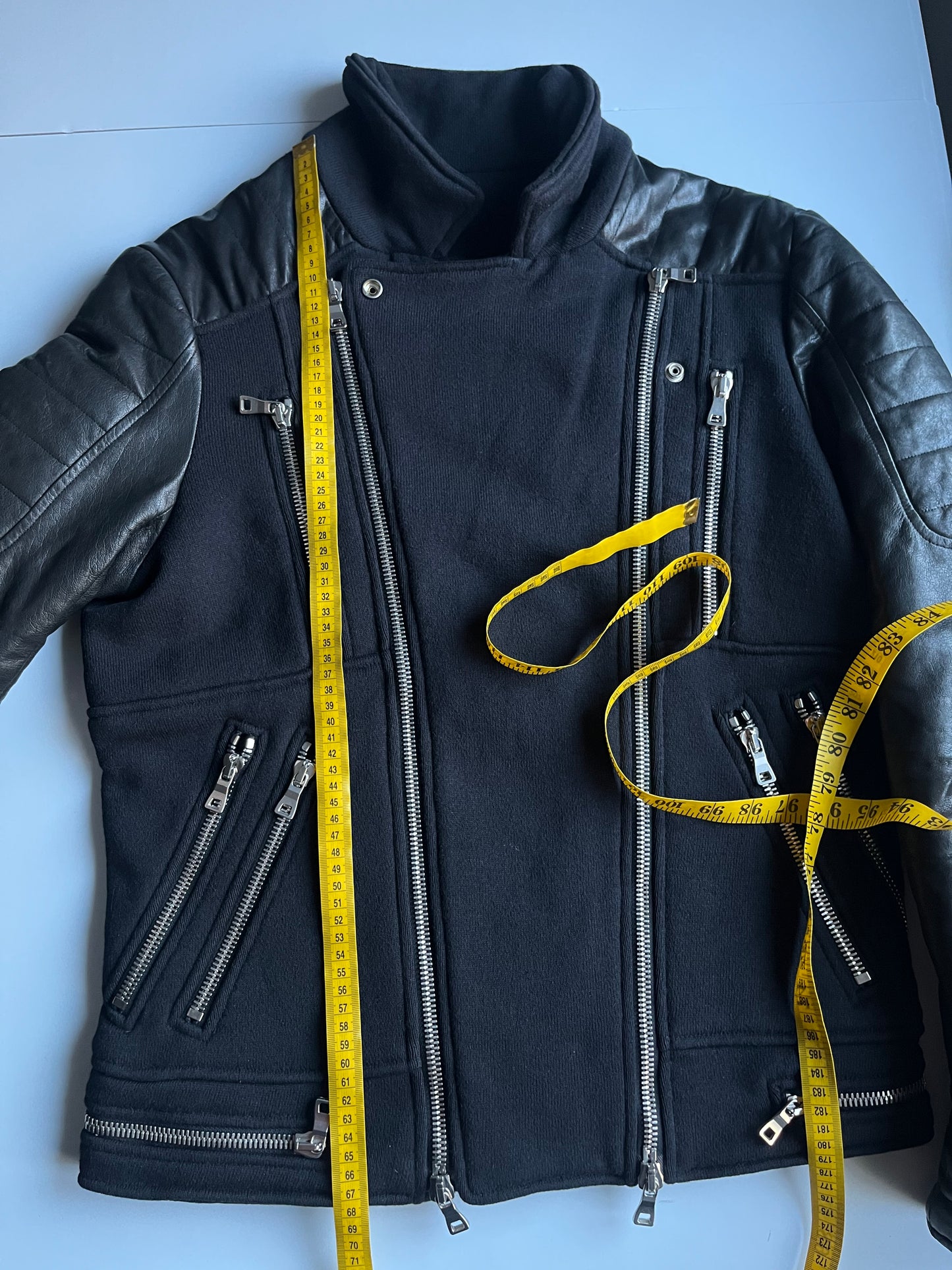 2015 BALMAIN leather & cotton biker jacket - size L - black