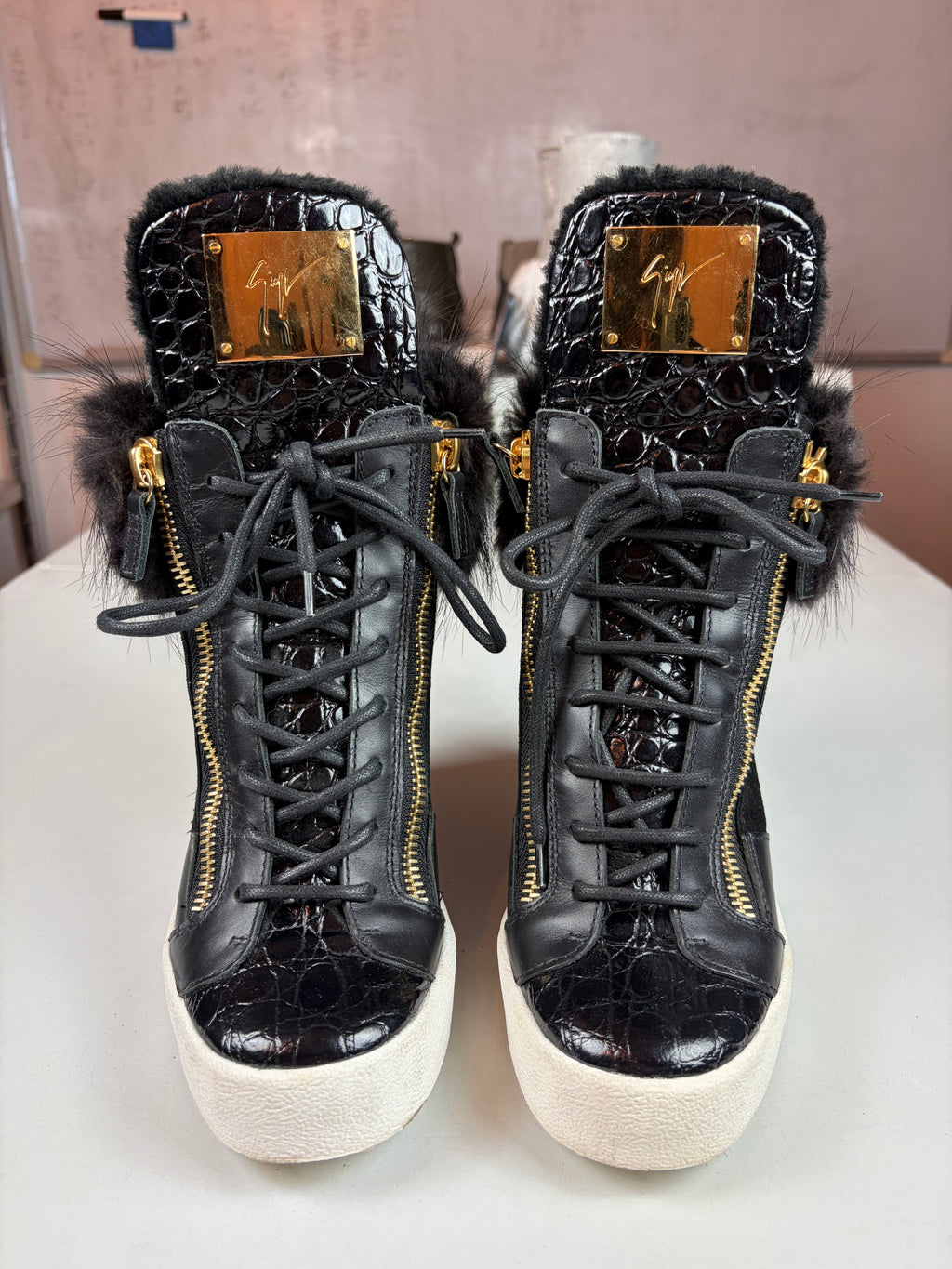 Giuseppe Zanotti fur & croc-embossed leather wedge sneakers - eu 39 / us 9 / uk 6 - black