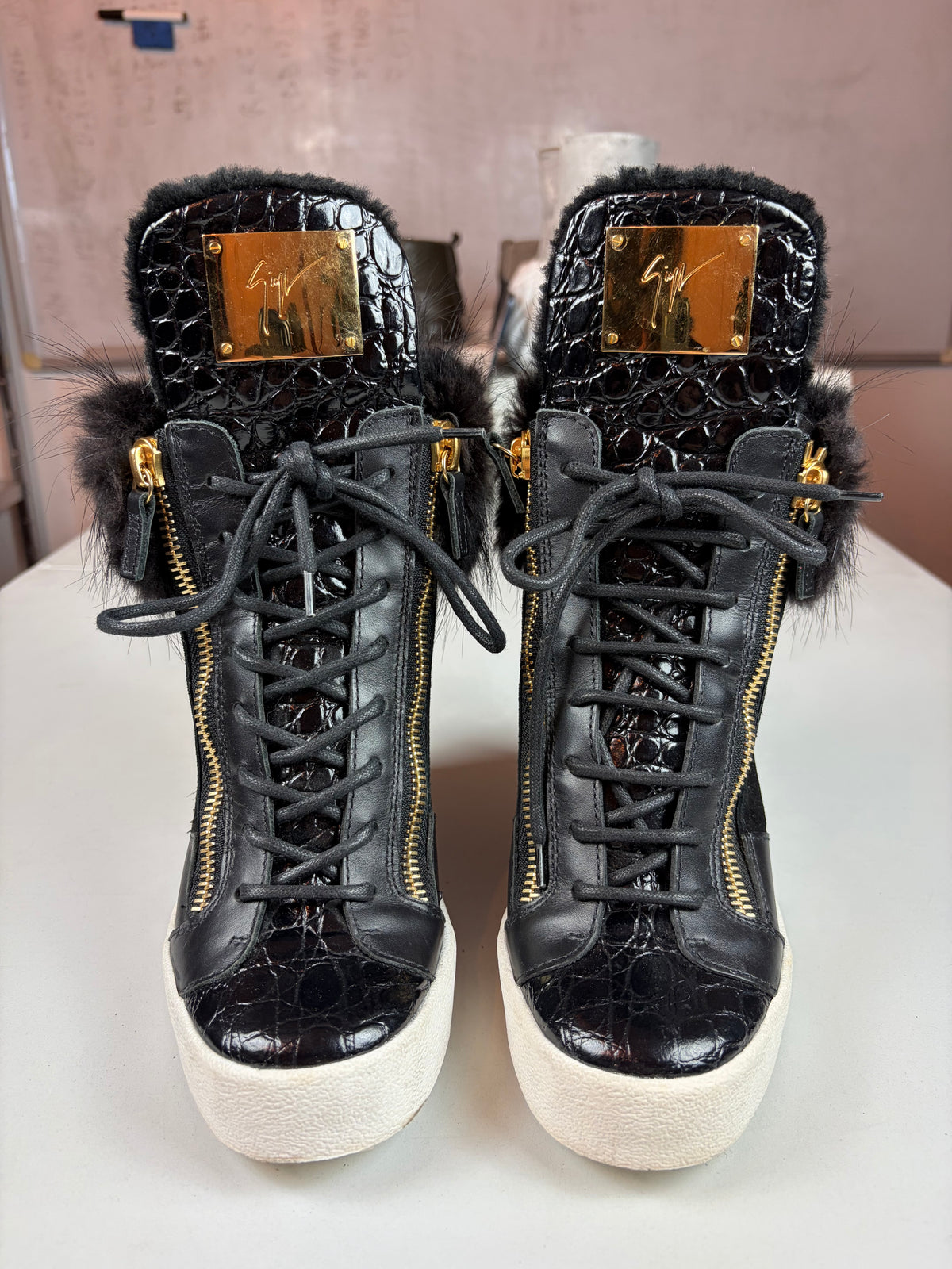 Giuseppe Zanotti fur & croc-embossed leather wedge sneakers - eu 39 / us 9 / uk 6 - black