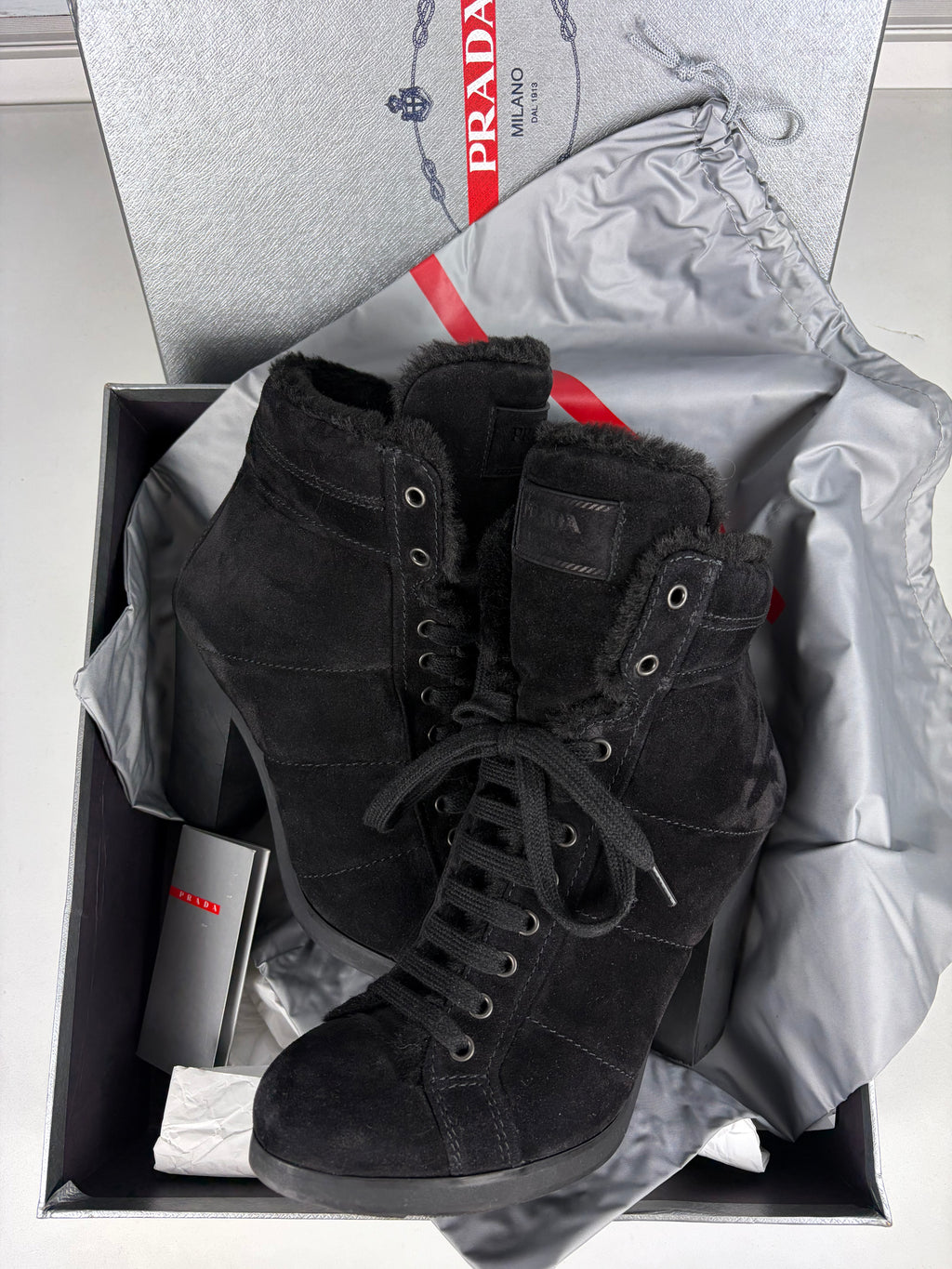 00’s PRADA Sport suede & fur wedge boots - eu 39.5 / us 9.5 / uk 6.5 - black