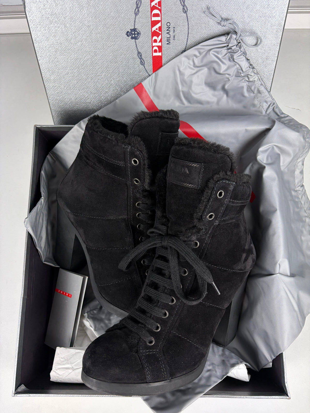 00’s PRADA Sport suede & fur wedge boots - eu 39.5 / us 9.5 / uk 6.5 - black