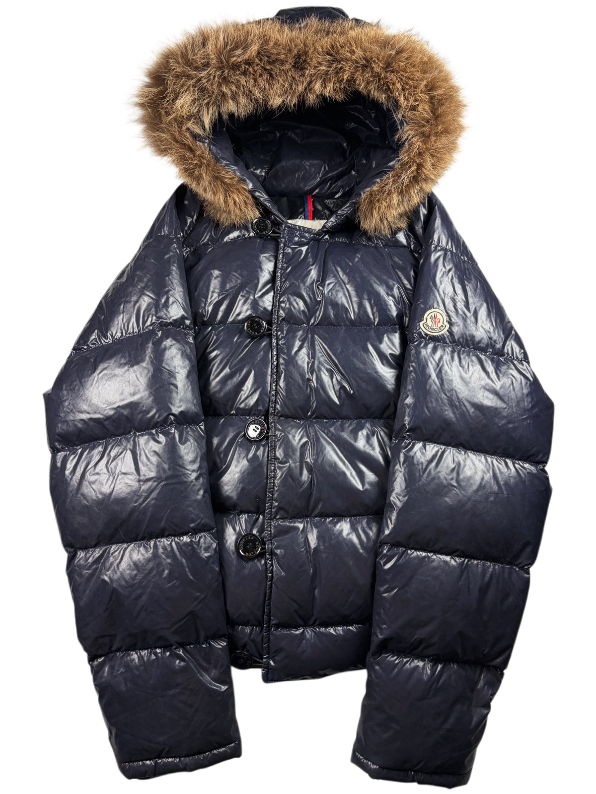 MONCLER real fur down jacket - men’s size 2 (M) - navy blue