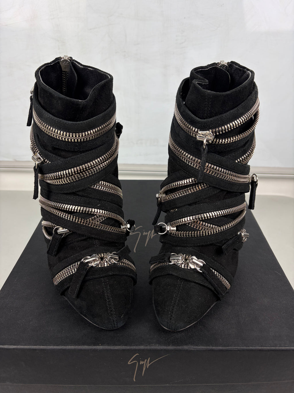 2009 Giuseppe Zanotti x BALMAIN multi zipper suede ankle boots - eu 38 / us 8 / uk 5 - black