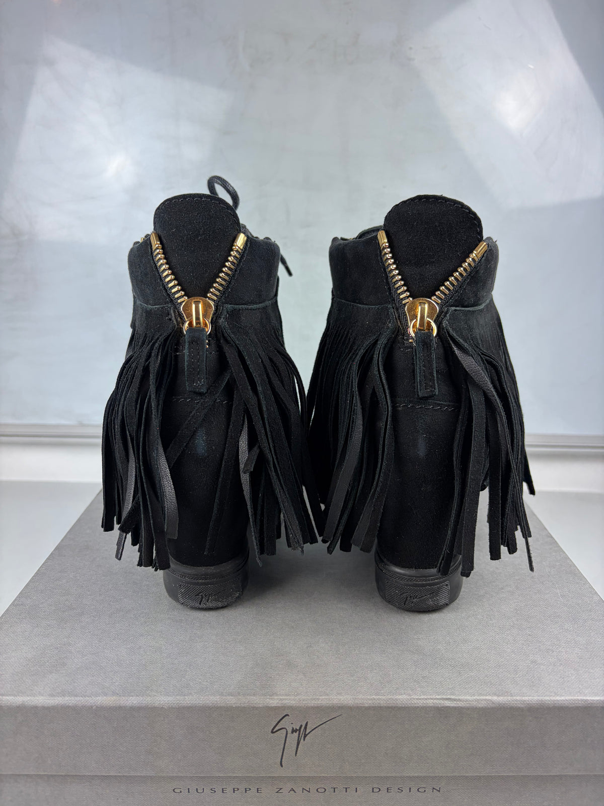 Giuseppe Zanotti black suede fringe wedge sneakers - eu 38 / us 8 / uk 5