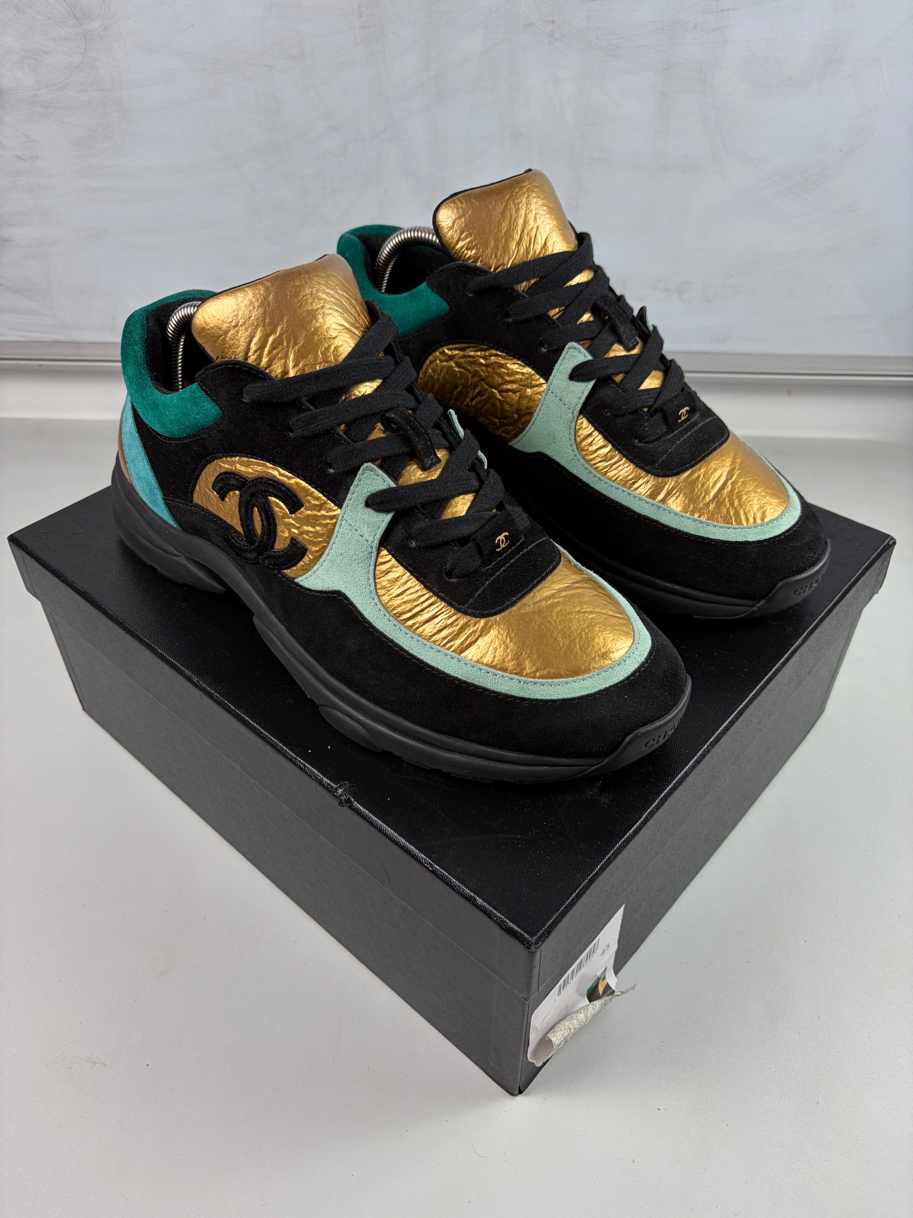 2019 CHANEL gold foil leather & suede sneakers - eu 43 / us 10