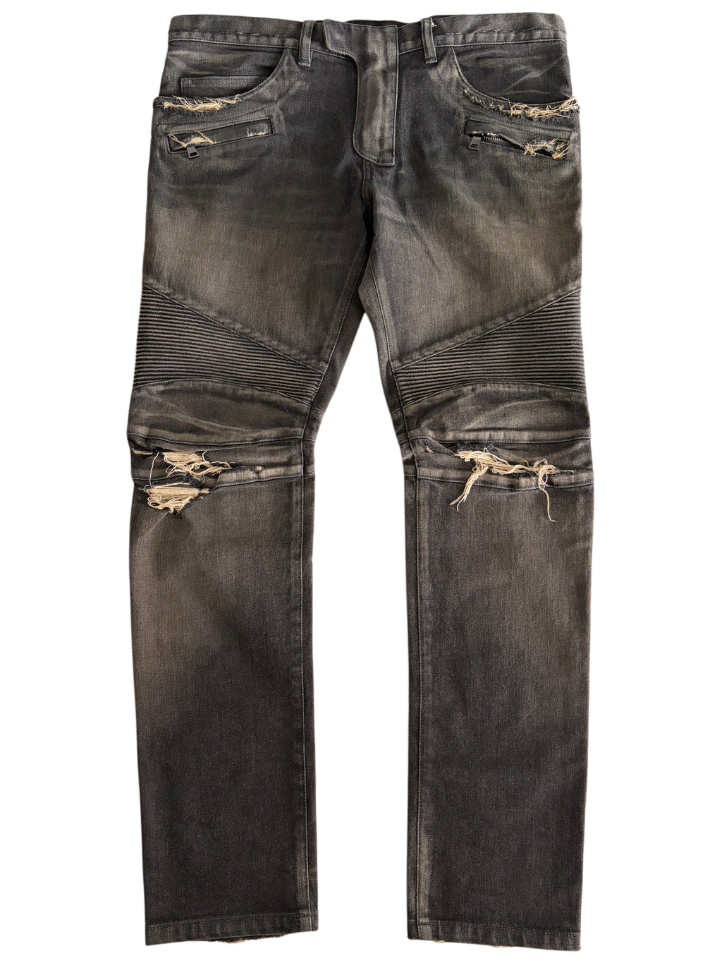 BALMAIN distressed ribbed biker denim - 36