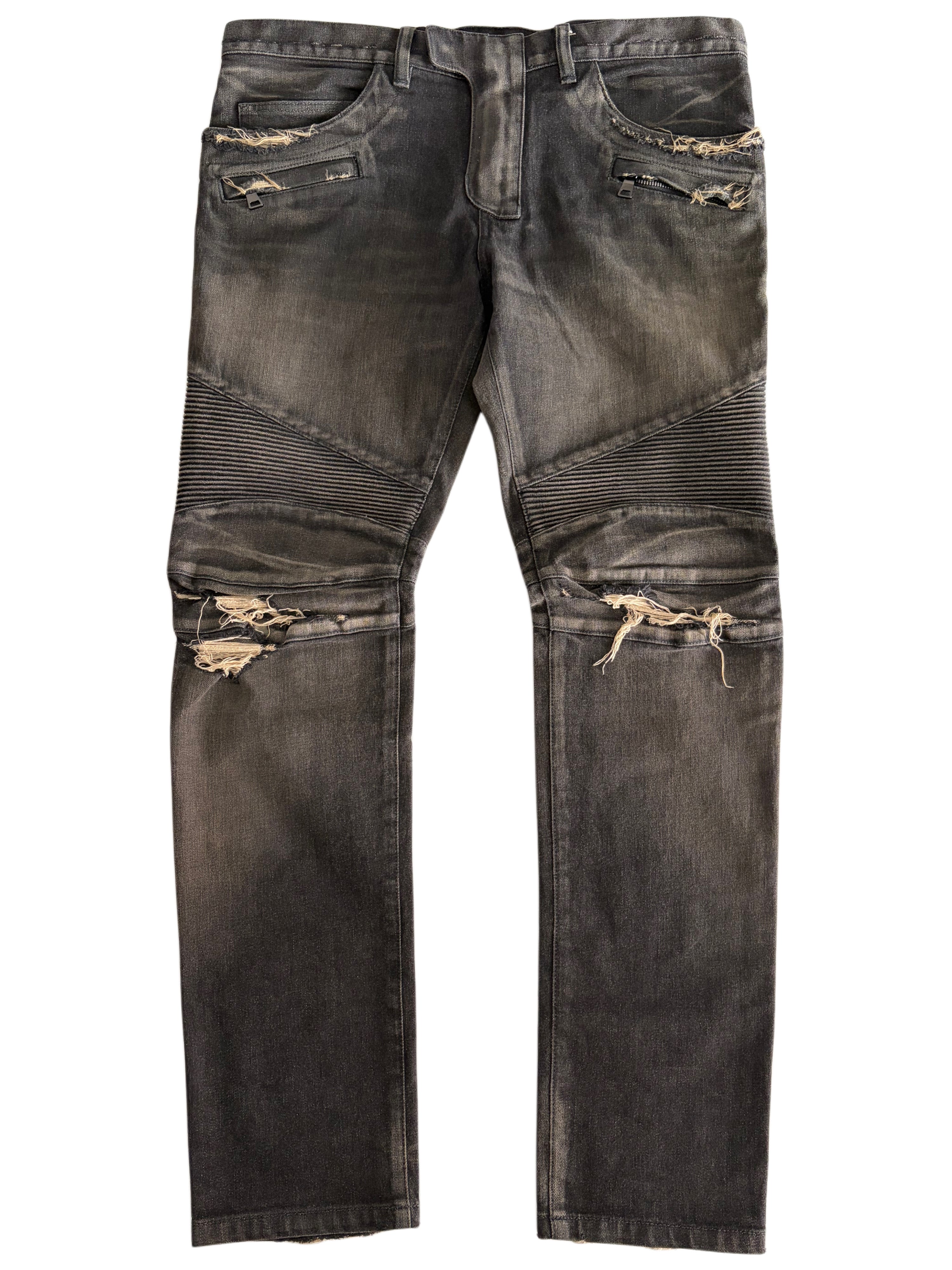 BALMAIN distressed ribbed biker denim - 36
