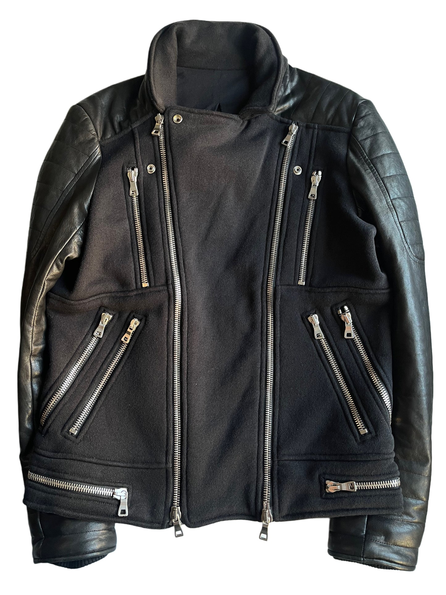 2015 BALMAIN leather & cotton biker jacket - size L - black