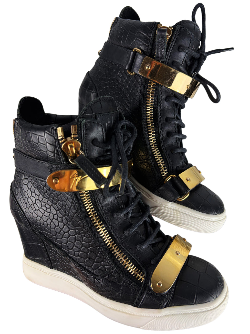 Giuseppe Zanotti black croc-embossed leather wedge sneakers - eu 36 / us 6