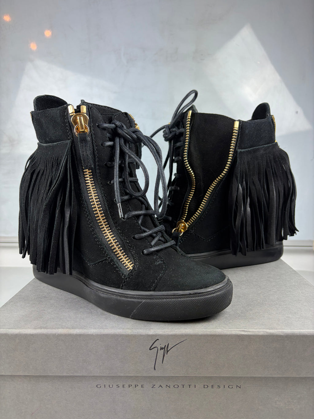 Giuseppe Zanotti black suede fringe wedge sneakers - eu 38 / us 8 / uk 5