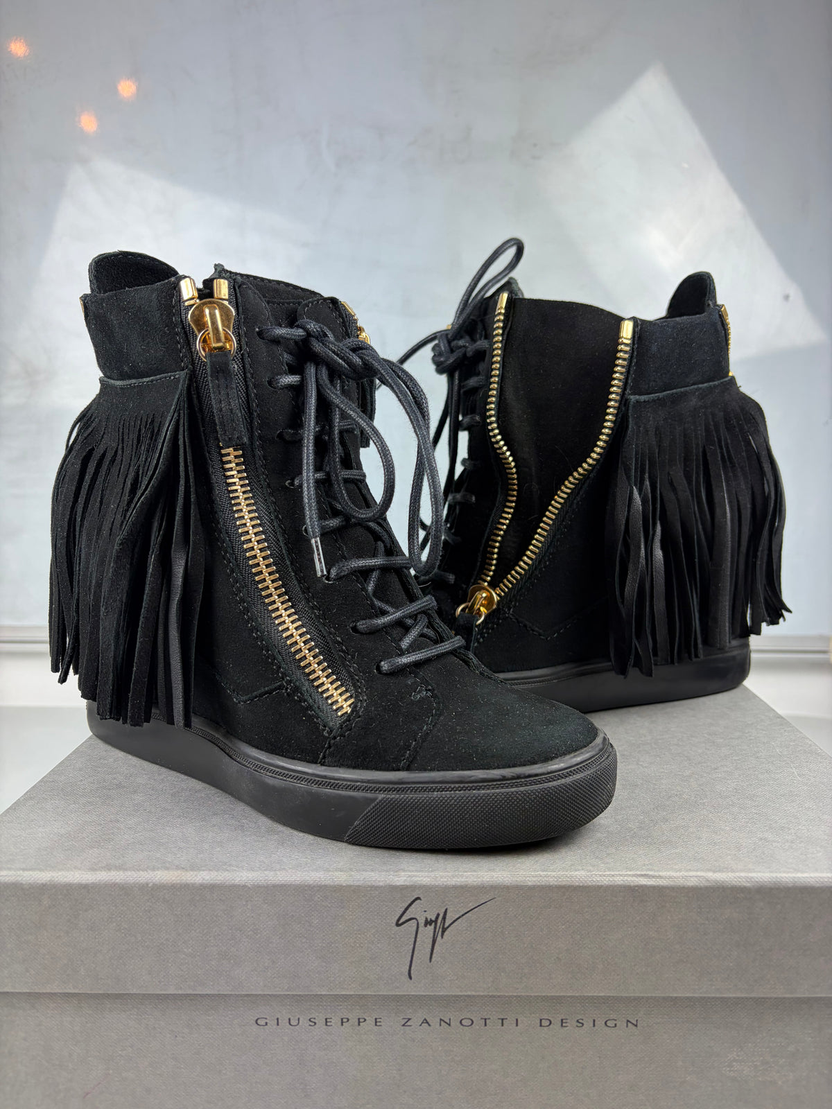 Giuseppe Zanotti black suede fringe wedge sneakers - eu 38 / us 8 / uk 5