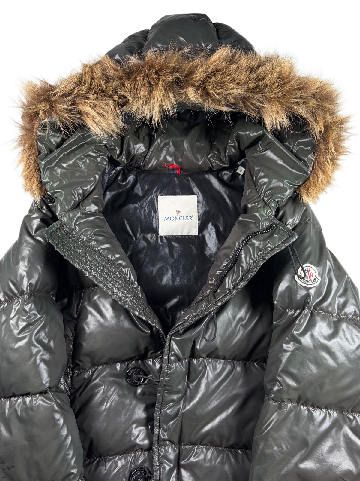 2010’s MONCLER real fur down jacket - men’s size 3 (L) - olive green