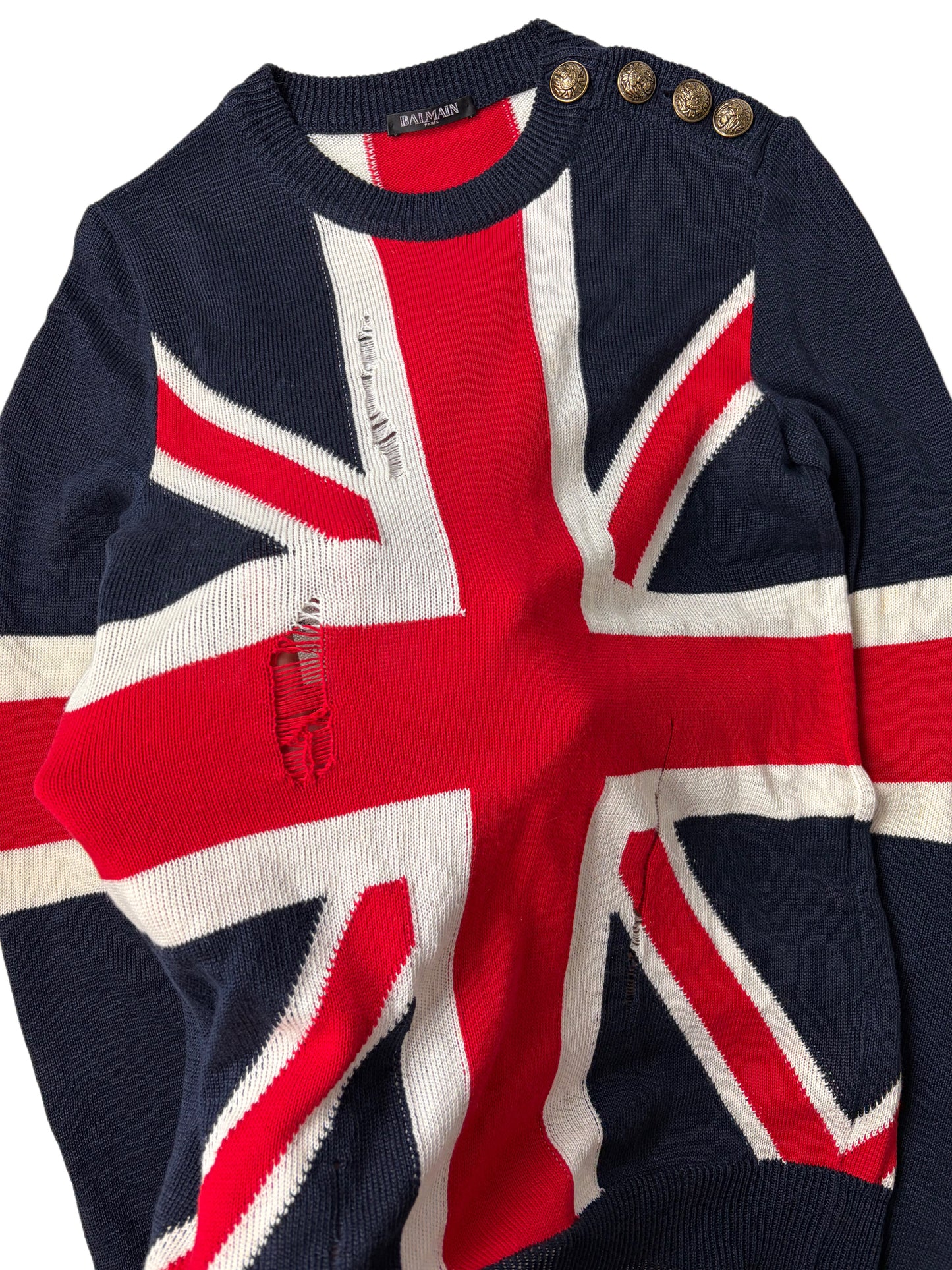 2016 BALMAIN runway distressed Union Jack knit sweater - size S/M