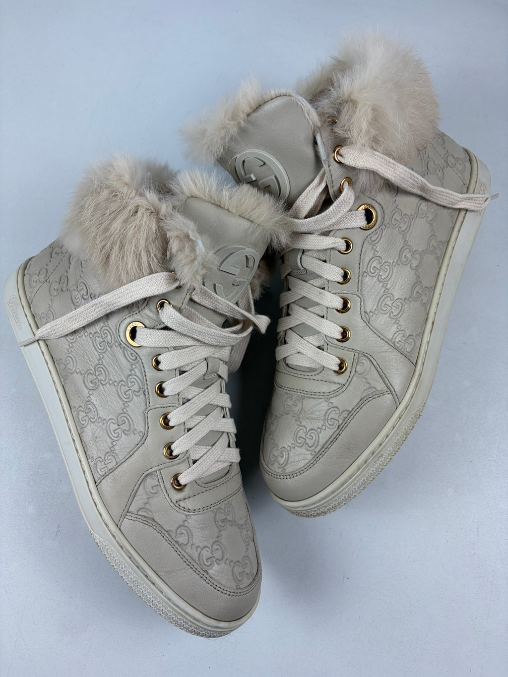 GUCCI Coda fur-trim high tops - eu 39 / us 9 / uk 6 - tan beige