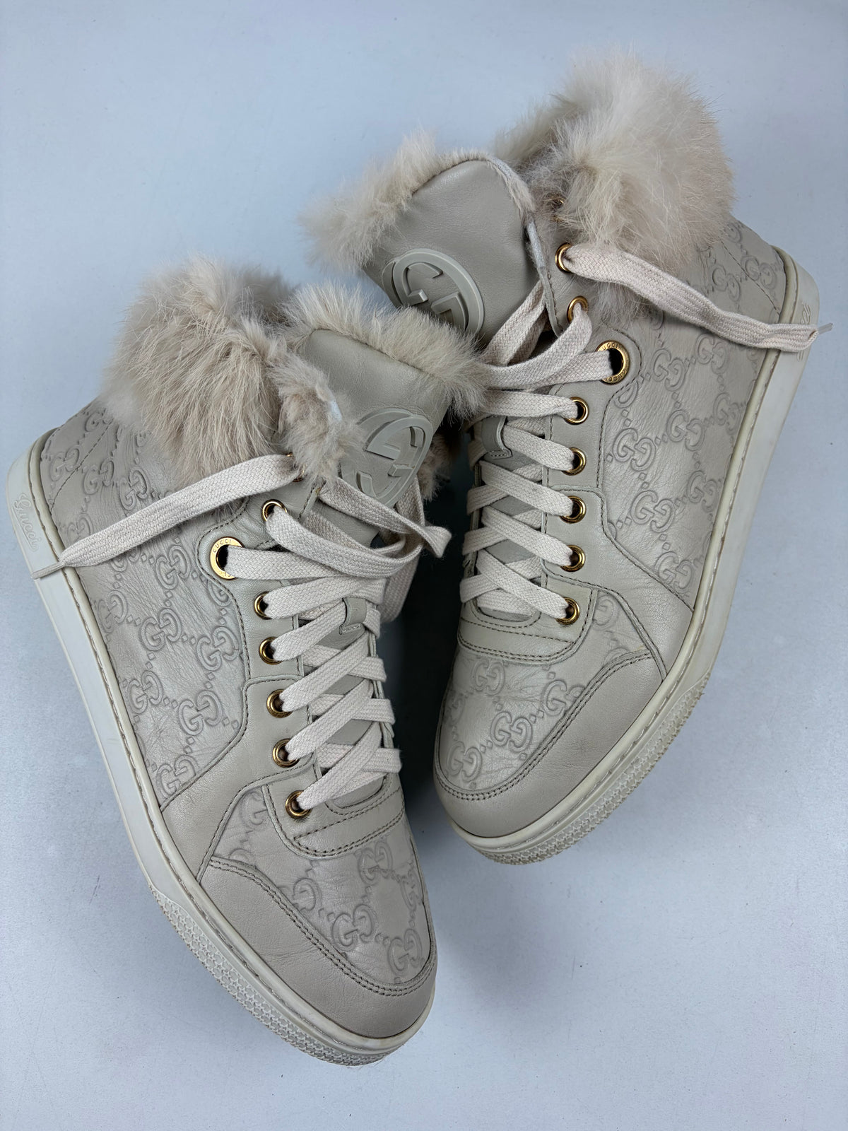 GUCCI Coda fur-trim high tops - eu 39 / us 9 / uk 6 - tan beige