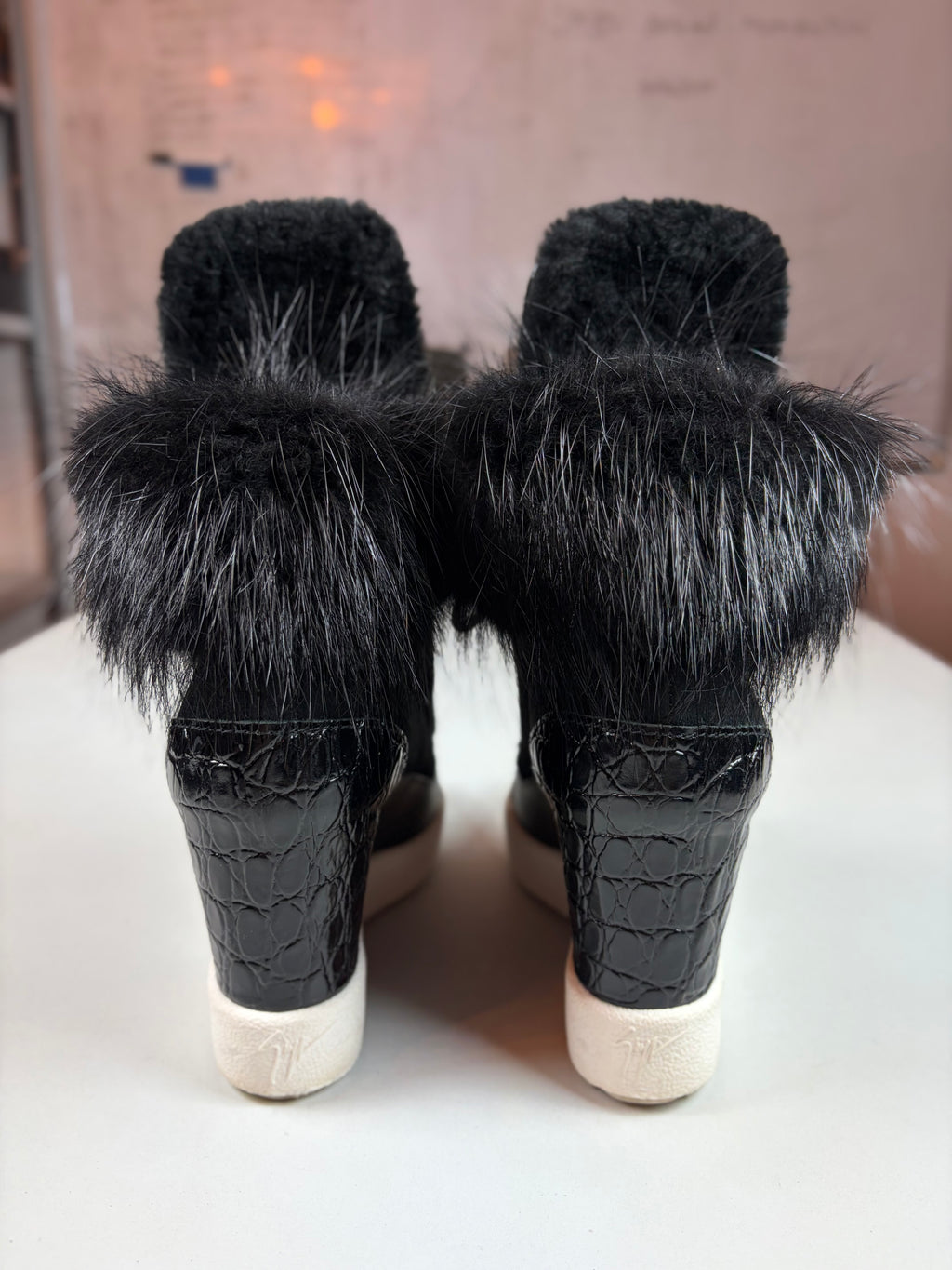 Giuseppe Zanotti fur & croc-embossed leather wedge sneakers - eu 39 / us 9 / uk 6 - black