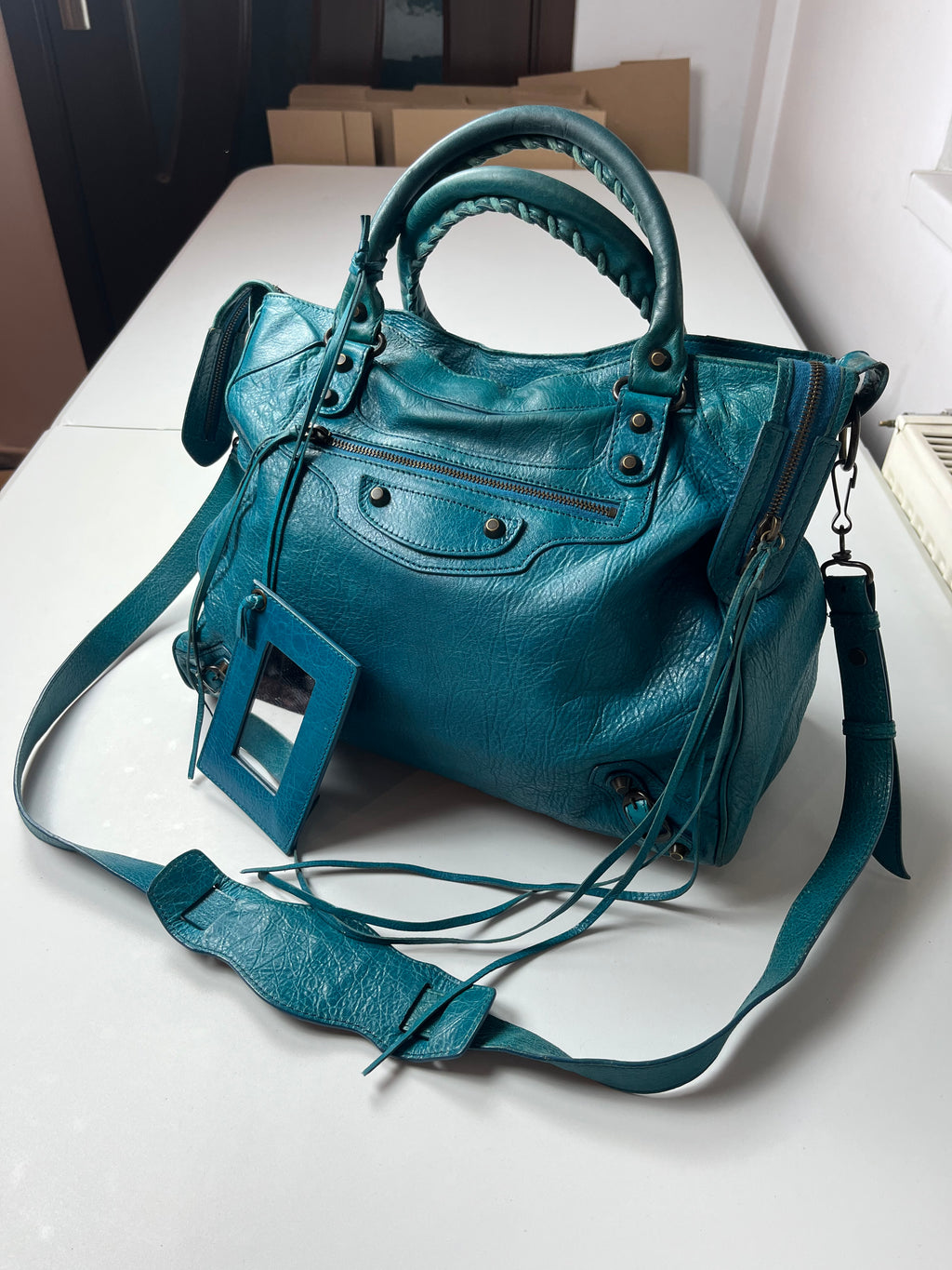 2012 BALENCIAGA
Blue Lambskin Leather Motorcycle City Bag