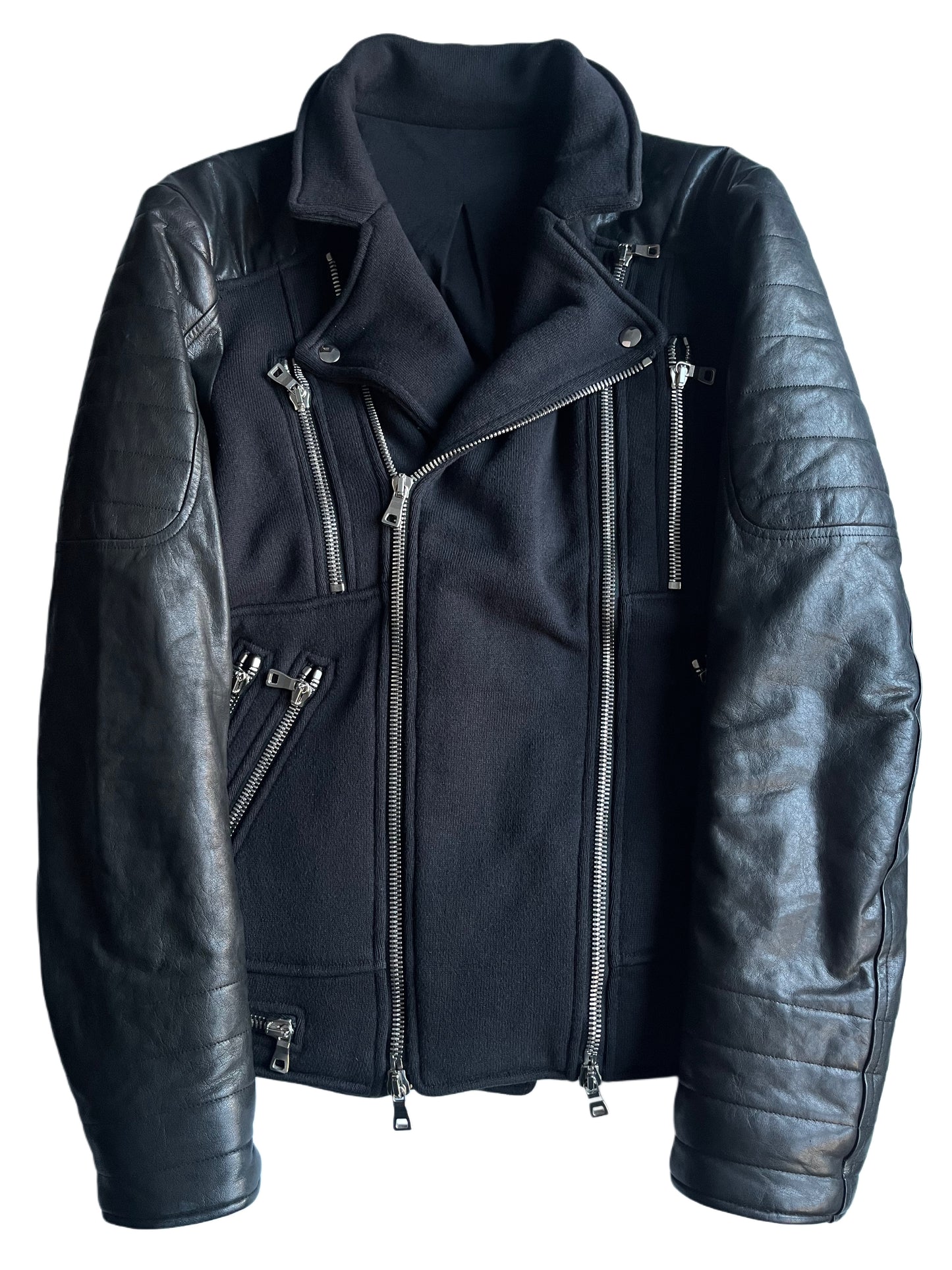 2015 BALMAIN leather & cotton biker jacket - size L - black