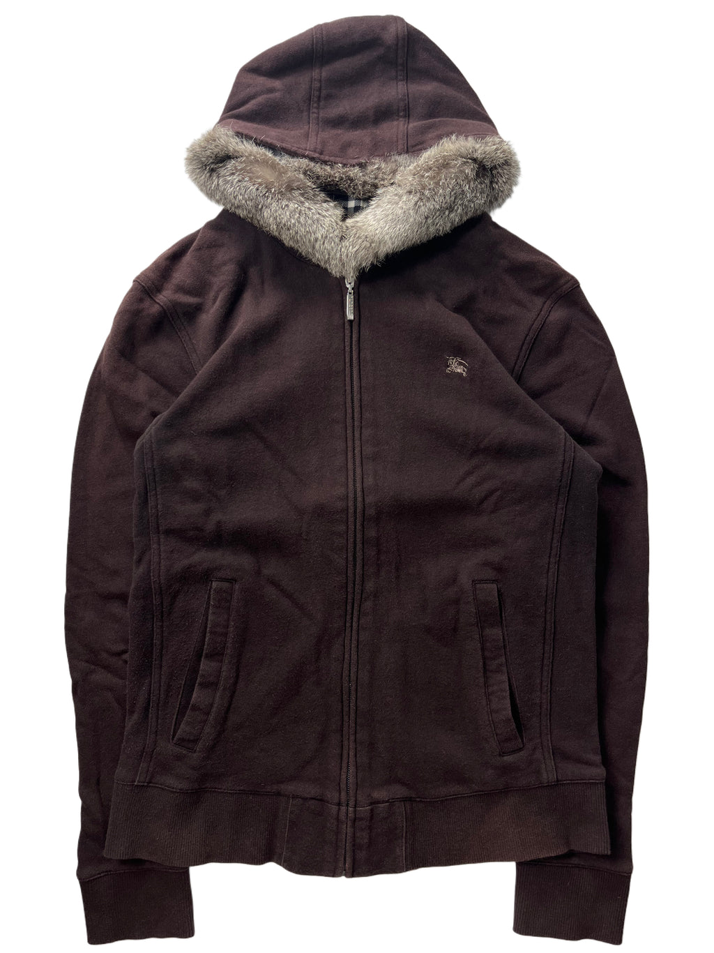 00’s BURBERRY rabbit fur zip hoodie (XS/S) - burgundy