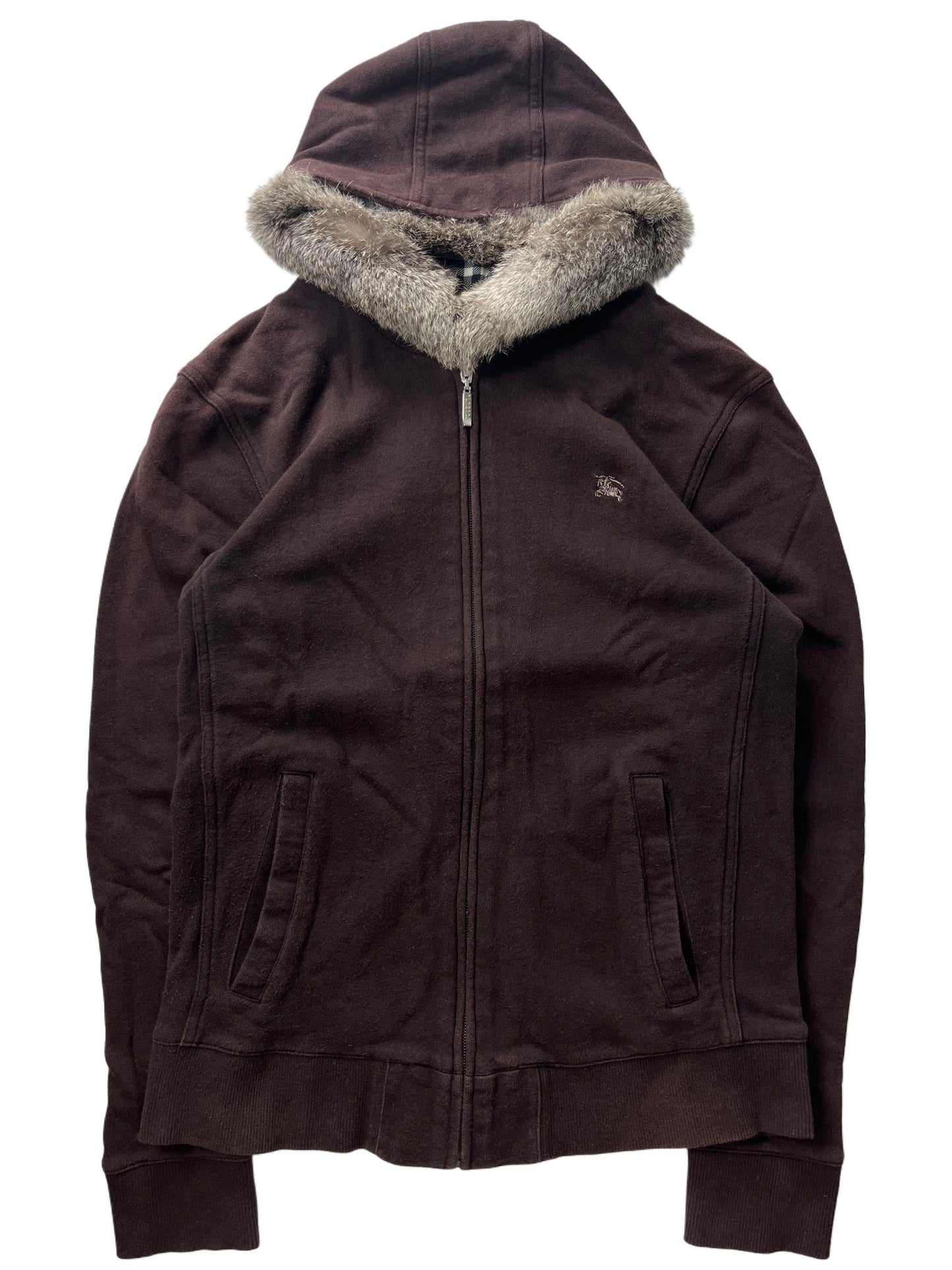 00’s BURBERRY rabbit fur zip hoodie (XS/S) - burgundy